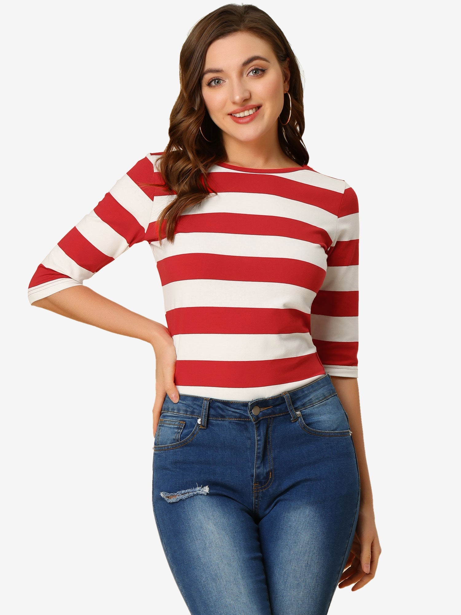 3/4 Sleeve Round Neck Casual Striped T-Shirt