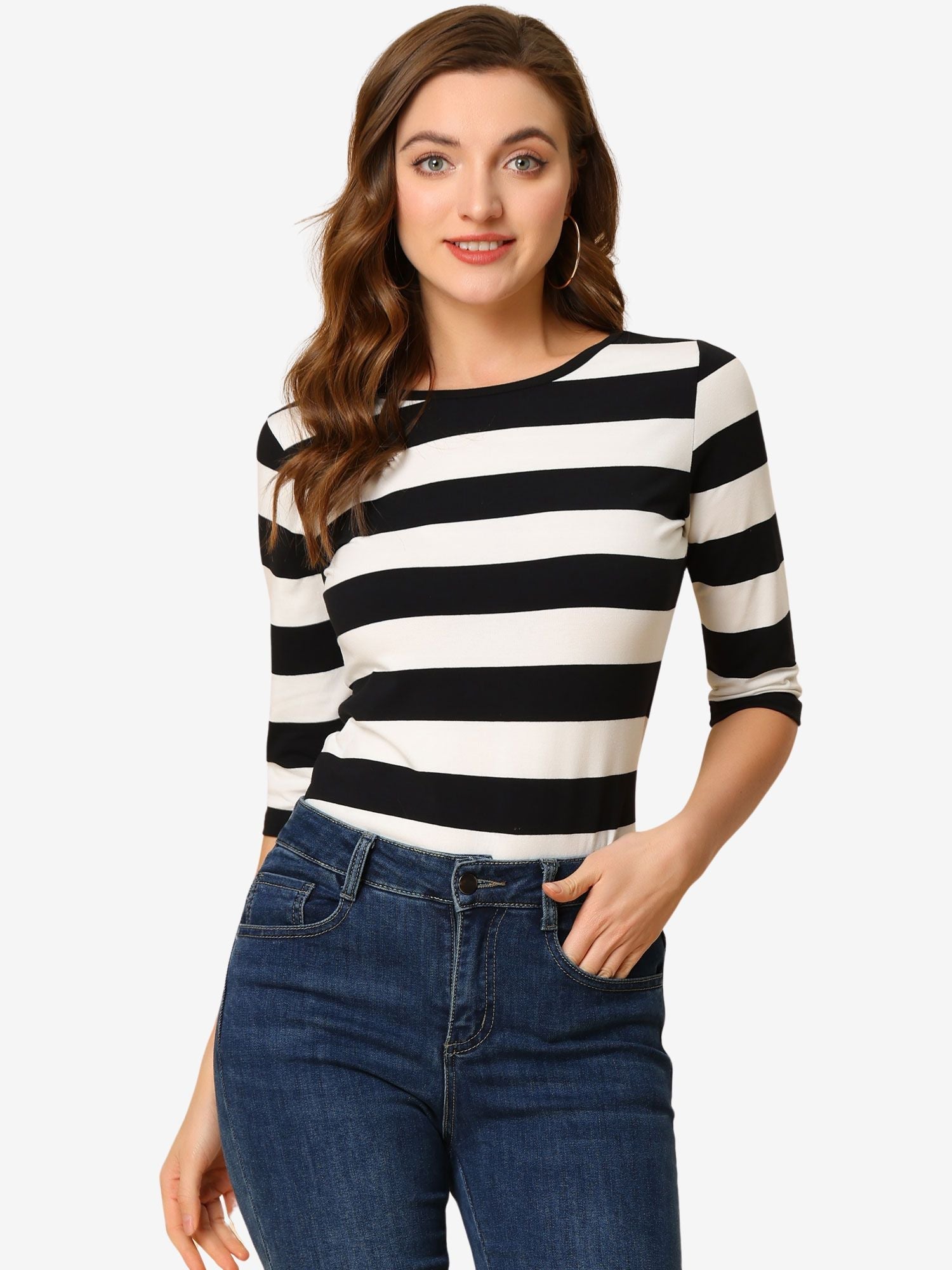 3/4 Sleeve Round Neck Casual Striped T-Shirt