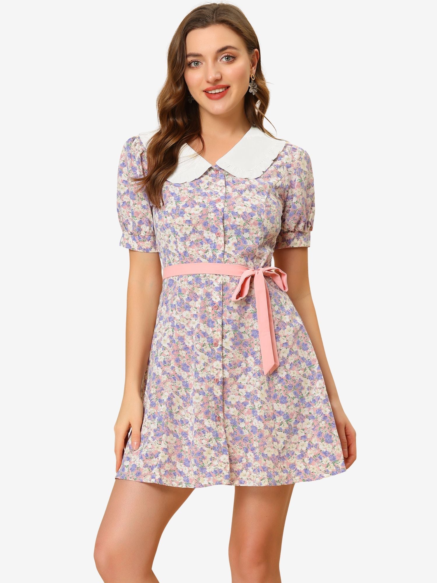 Peter Pan Collar Flowy Short Sleeve Ruffle Summer Floral Shirt Dress