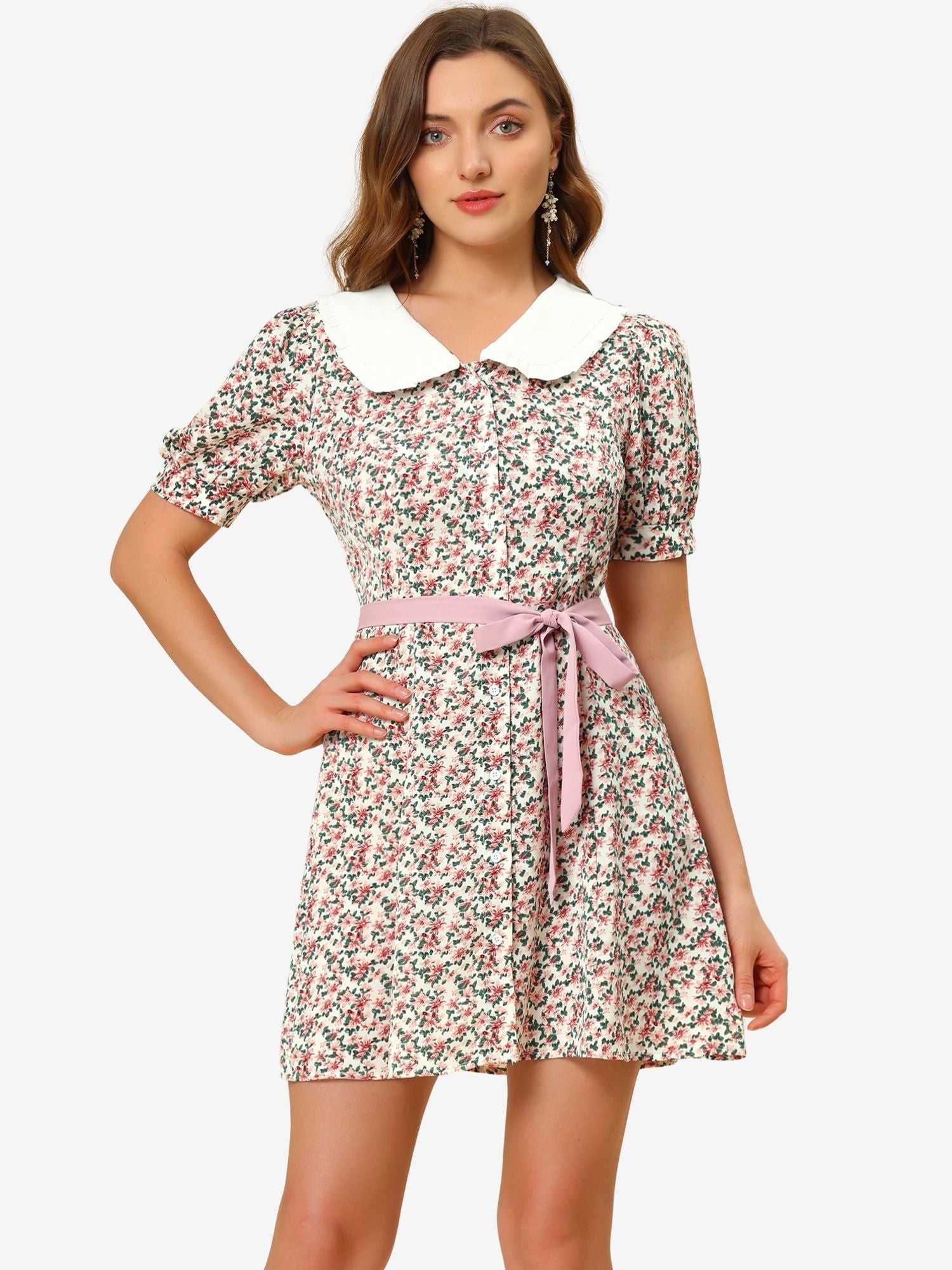 Peter Pan Collar Flowy Short Sleeve Ruffle Summer Floral Shirt Dress