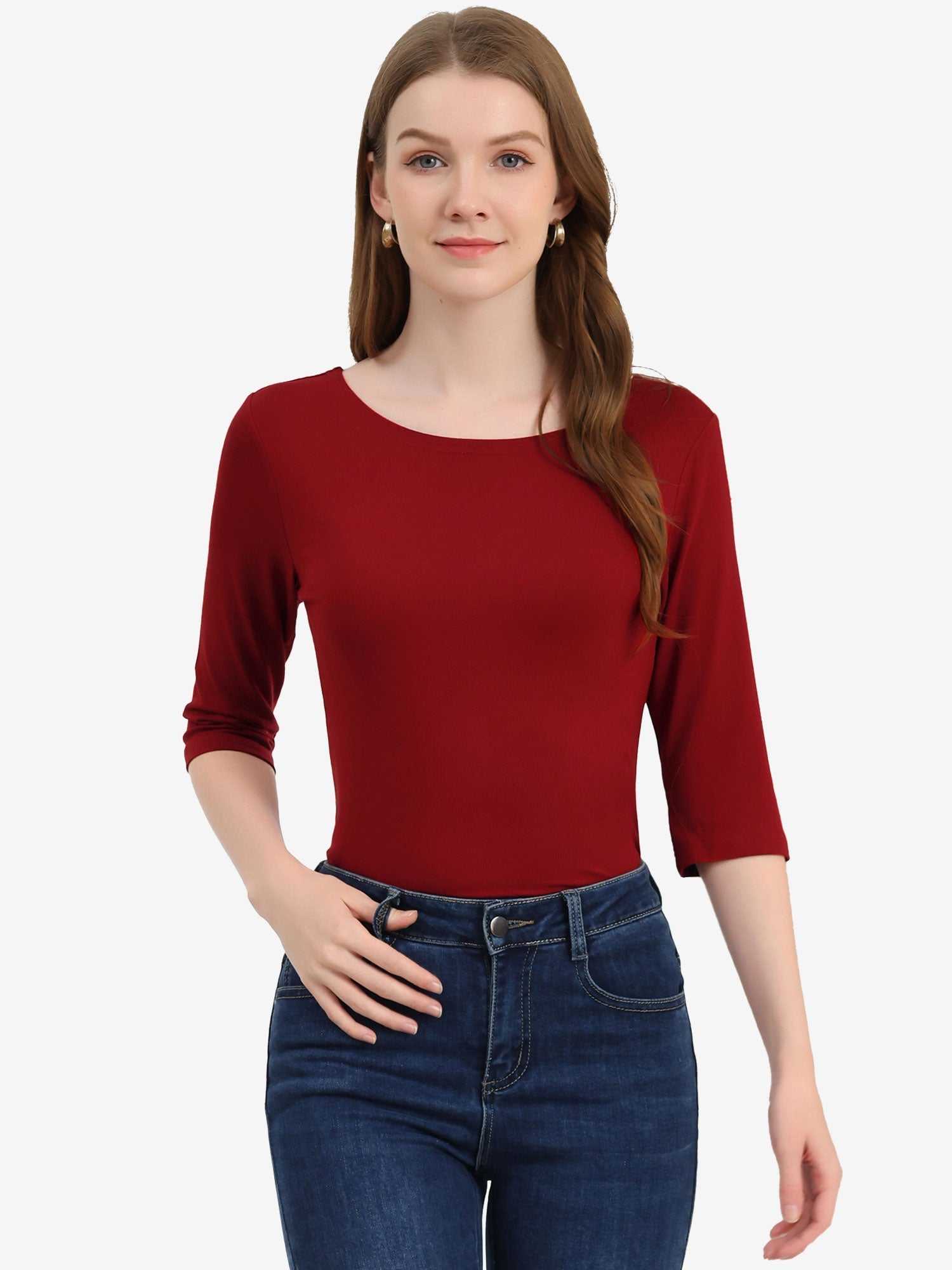 Casual Boat Neck 3/4 Sleeve Solid Basic T-shirt