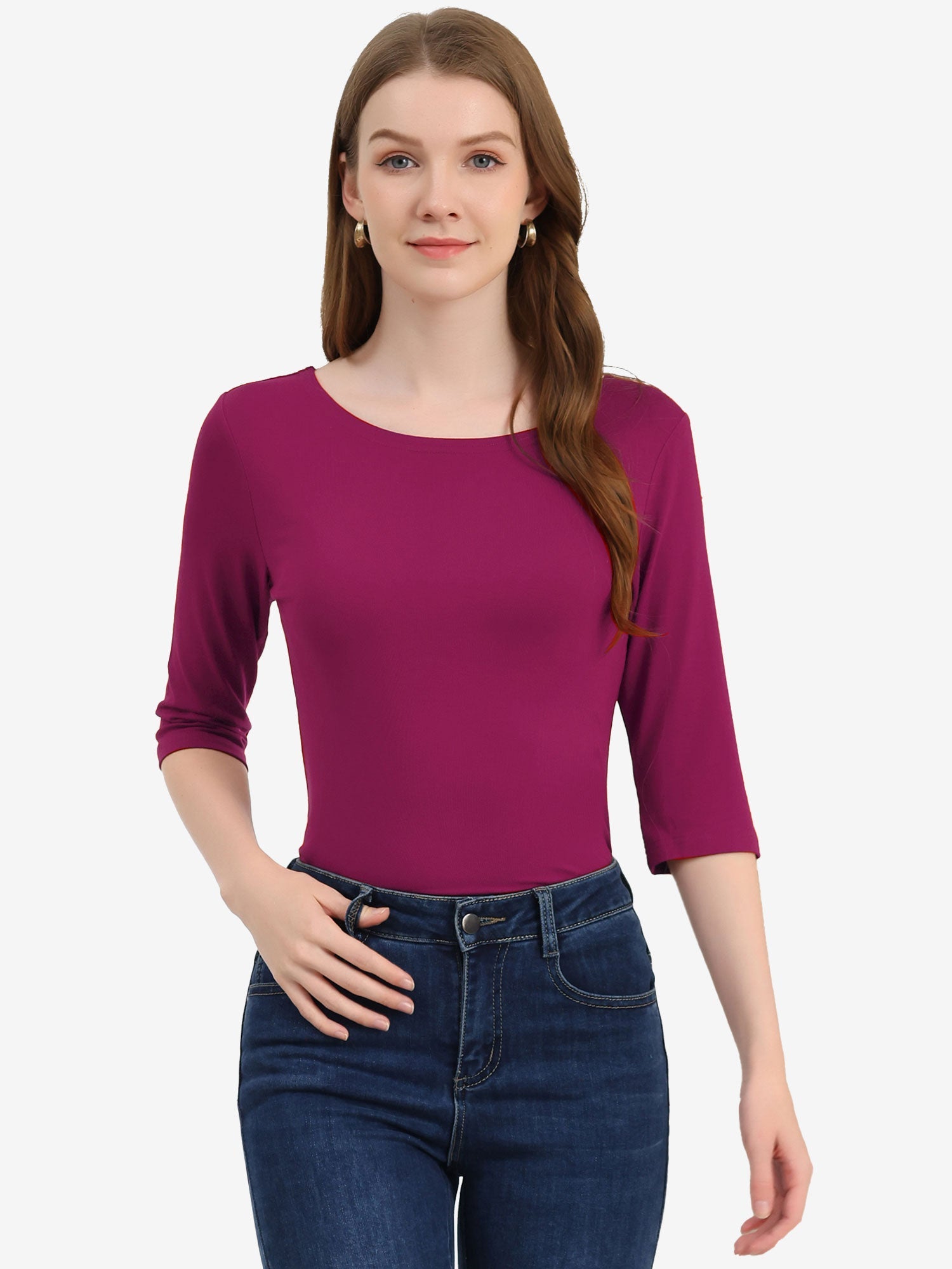 Casual Boat Neck 3/4 Sleeve Solid Basic T-shirt