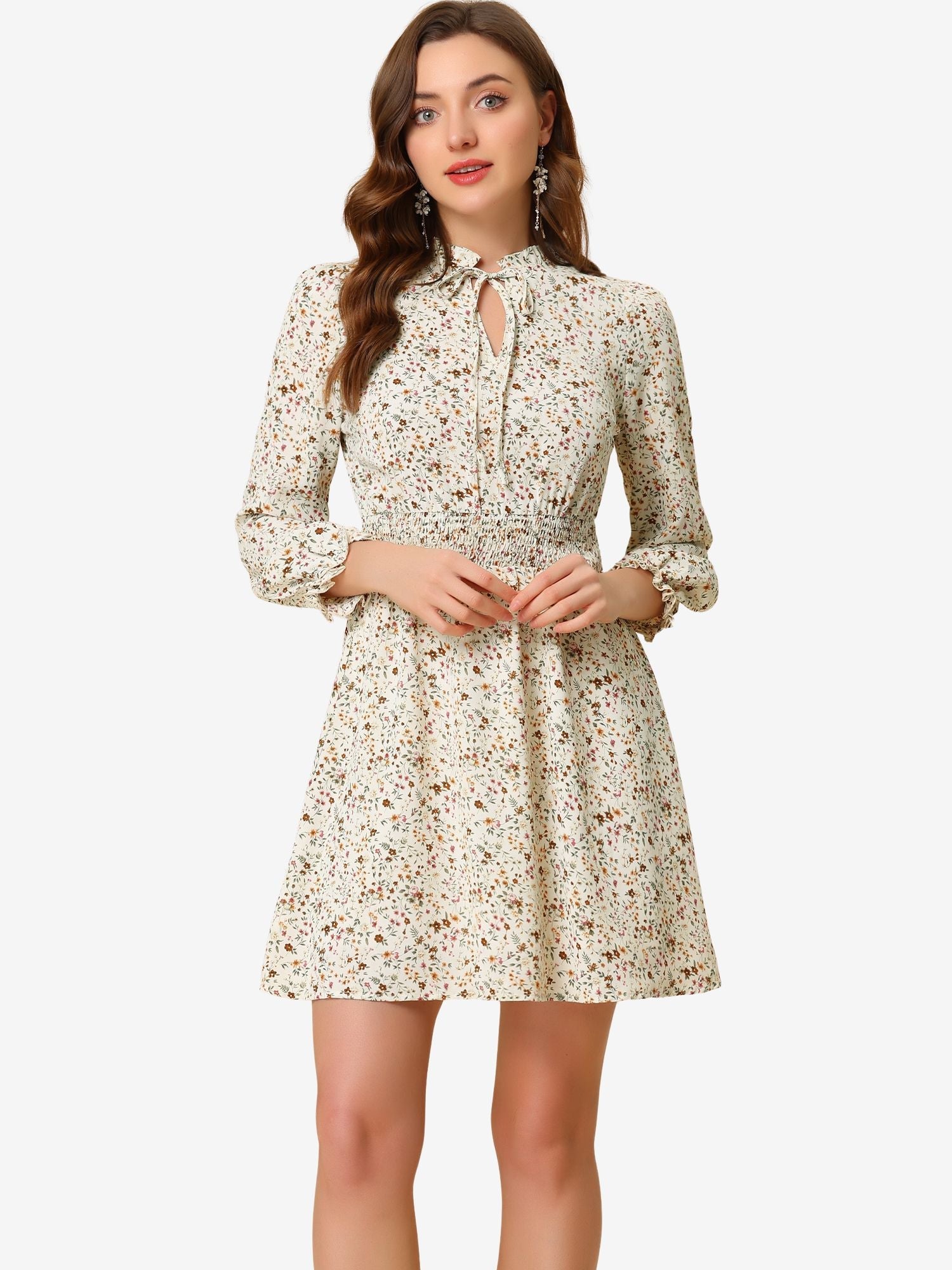 Smocked Waist Tie Neck Floral Long Sleeve Dress