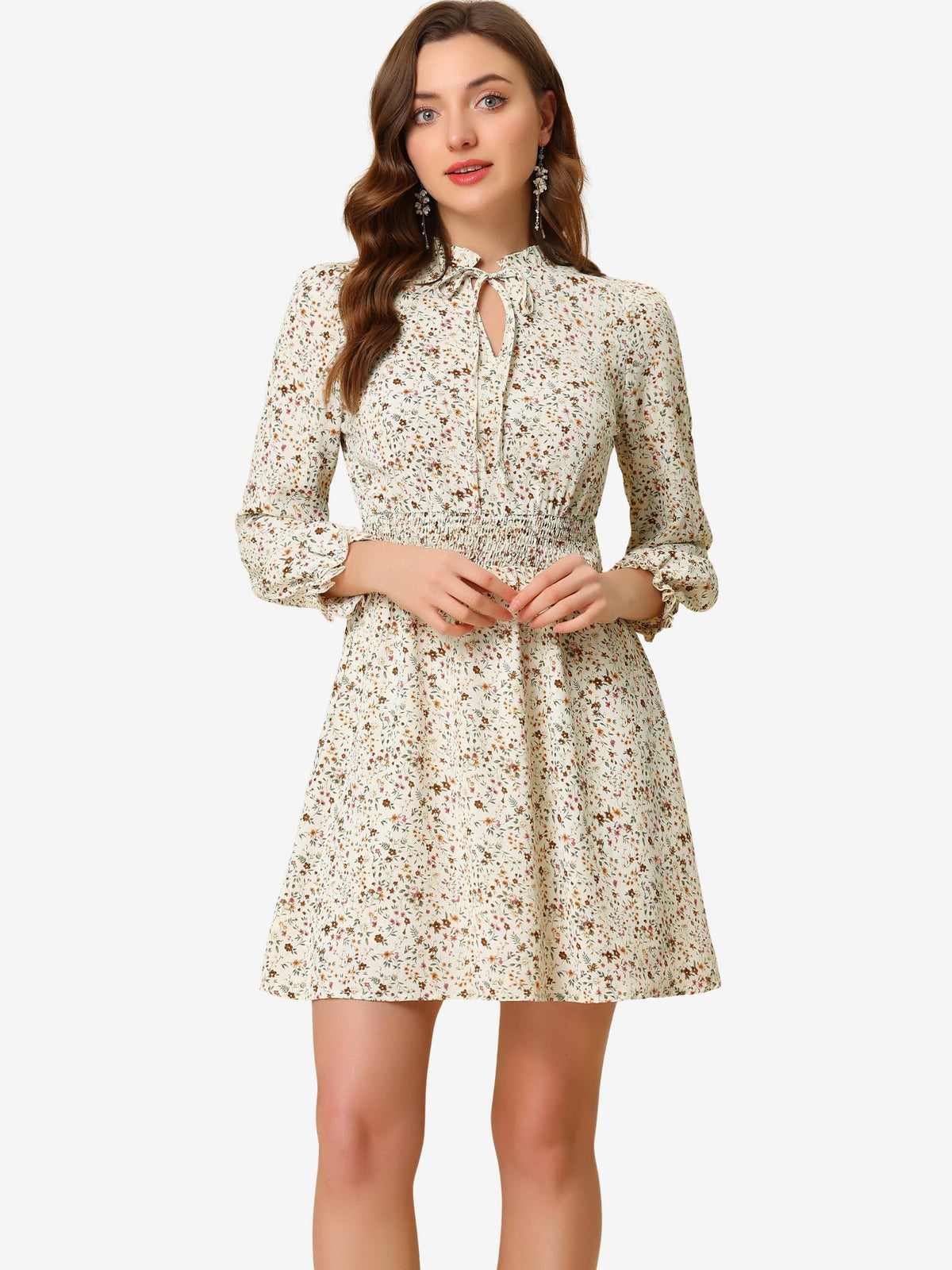 Smocked Waist Tie Neck Floral Long Sleeve Dress