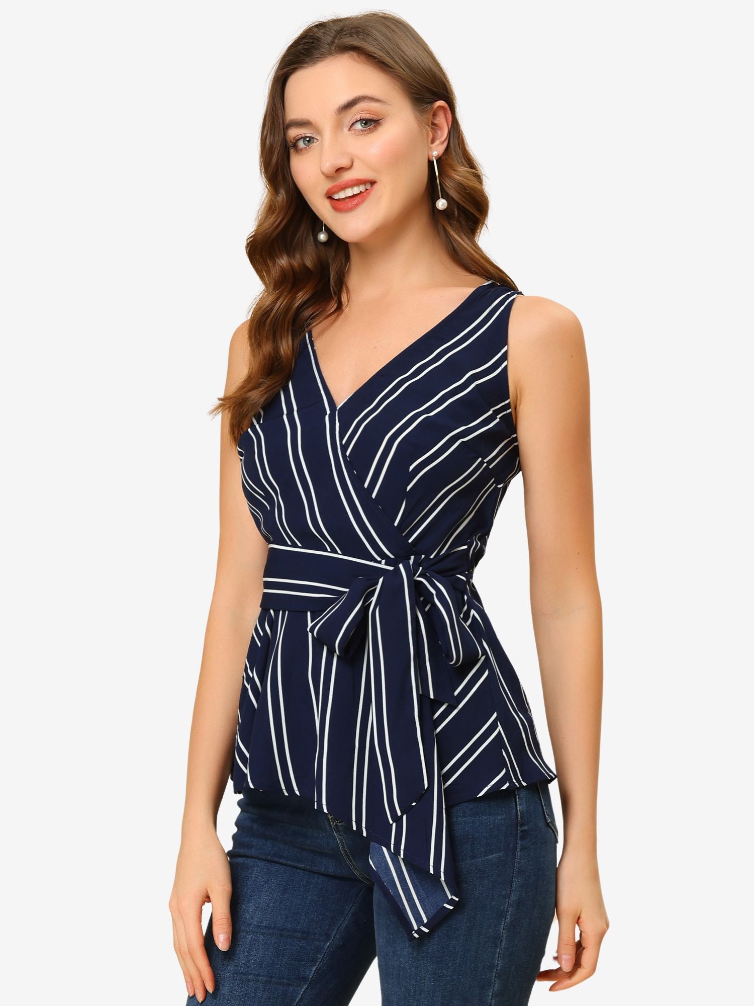 Sleeveless V Neck Tie Waist Asymmetric Hem Wrap Peplum Top