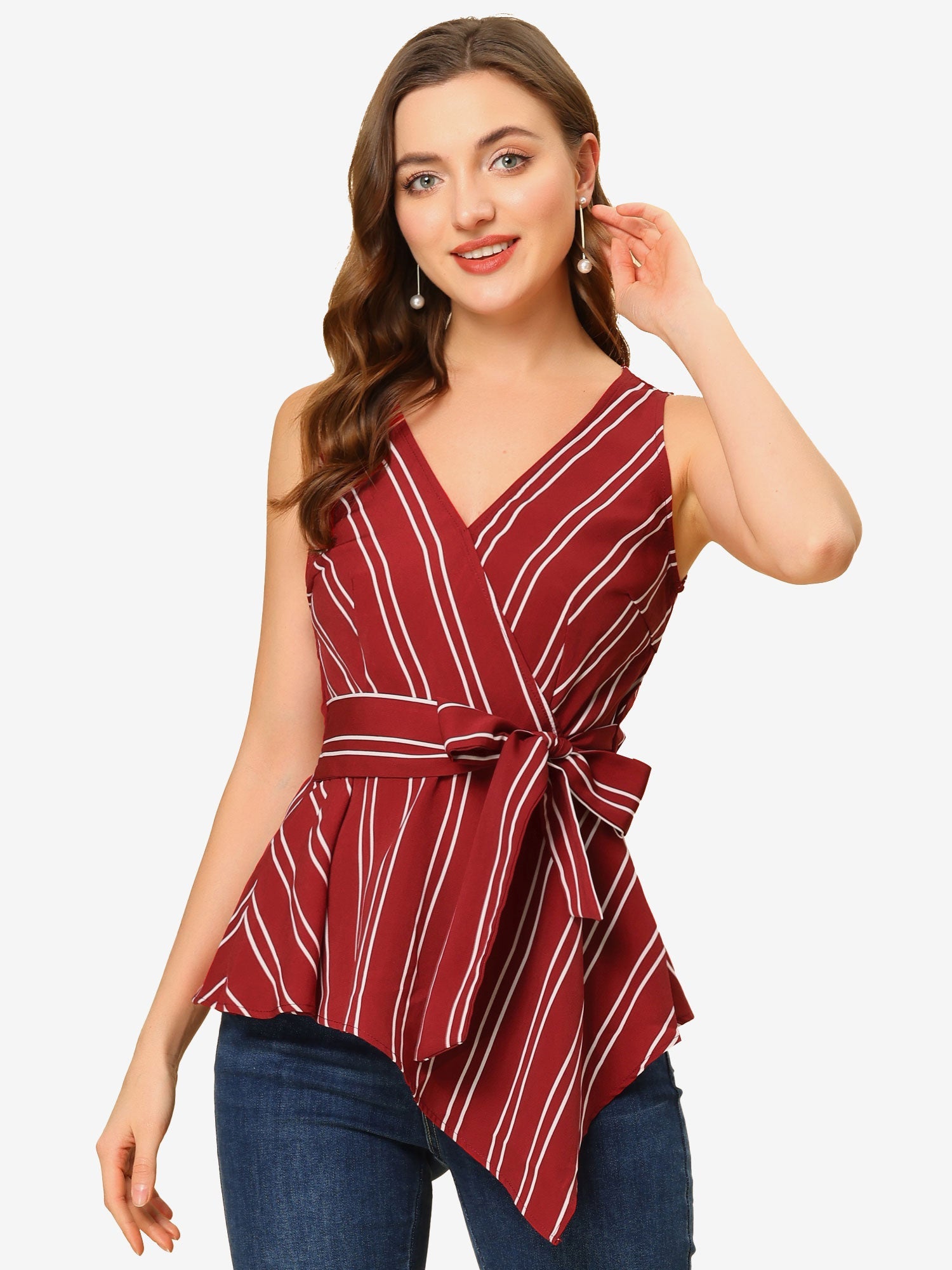 Sleeveless V Neck Tie Waist Asymmetric Hem Wrap Peplum Top