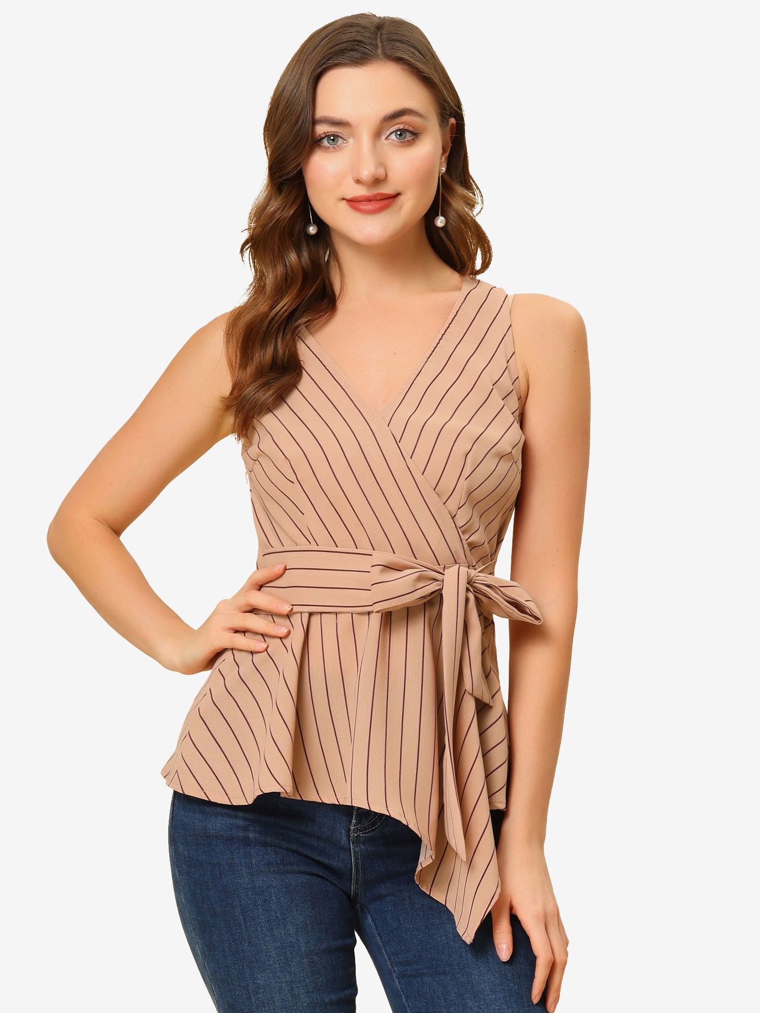 Sleeveless V Neck Tie Waist Asymmetric Hem Wrap Peplum Top
