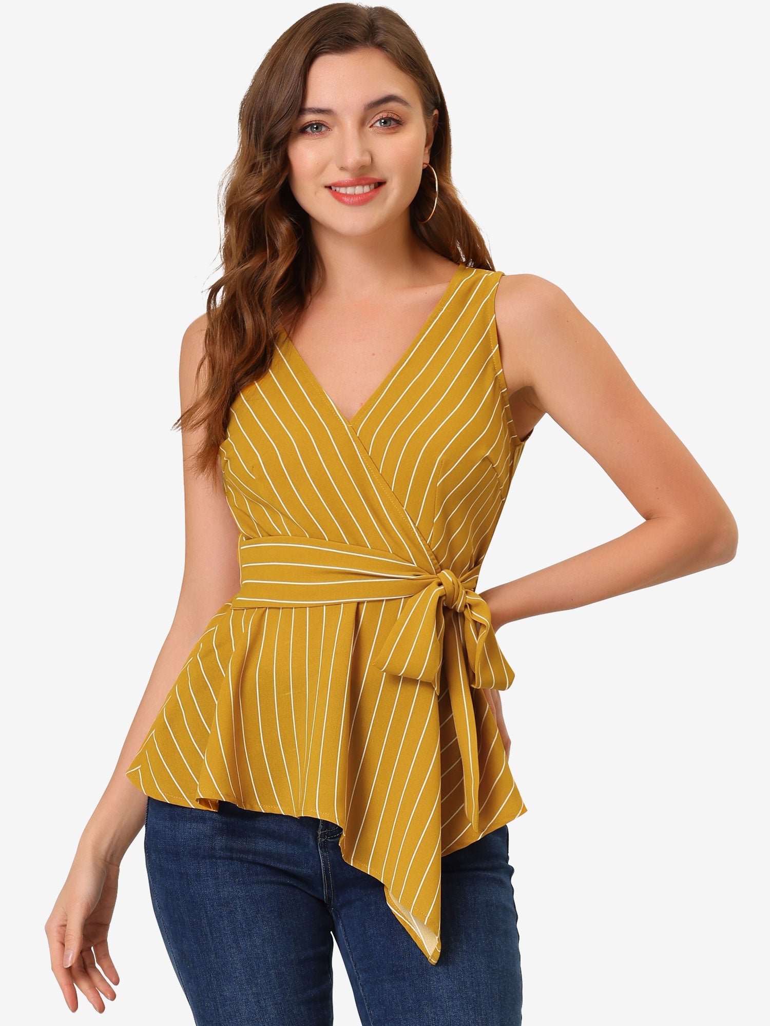 Sleeveless V Neck Tie Waist Asymmetric Hem Wrap Peplum Top