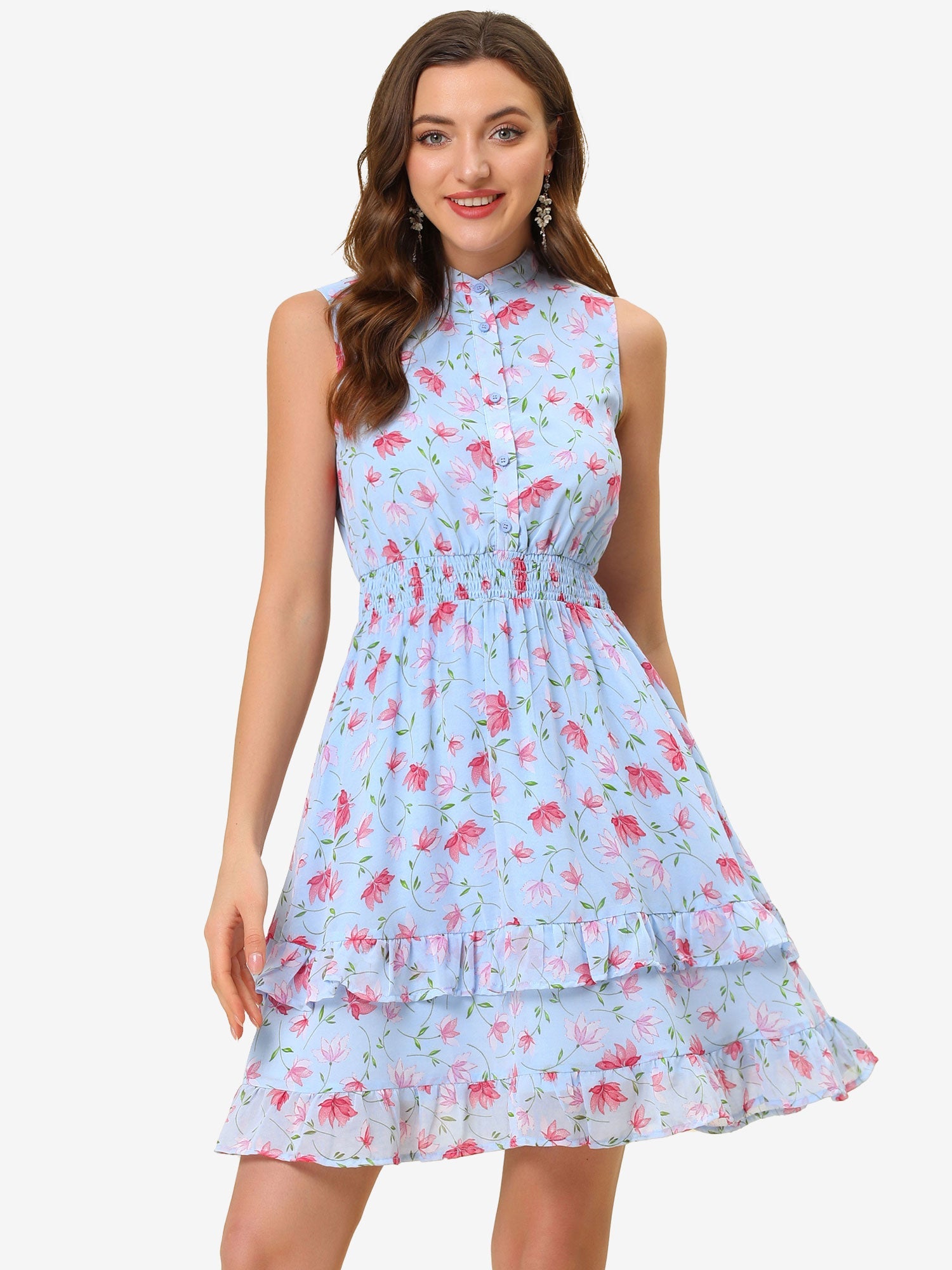 Floral A-line Smocked Waist Tiered Ruffled Chiffon Mini Dress