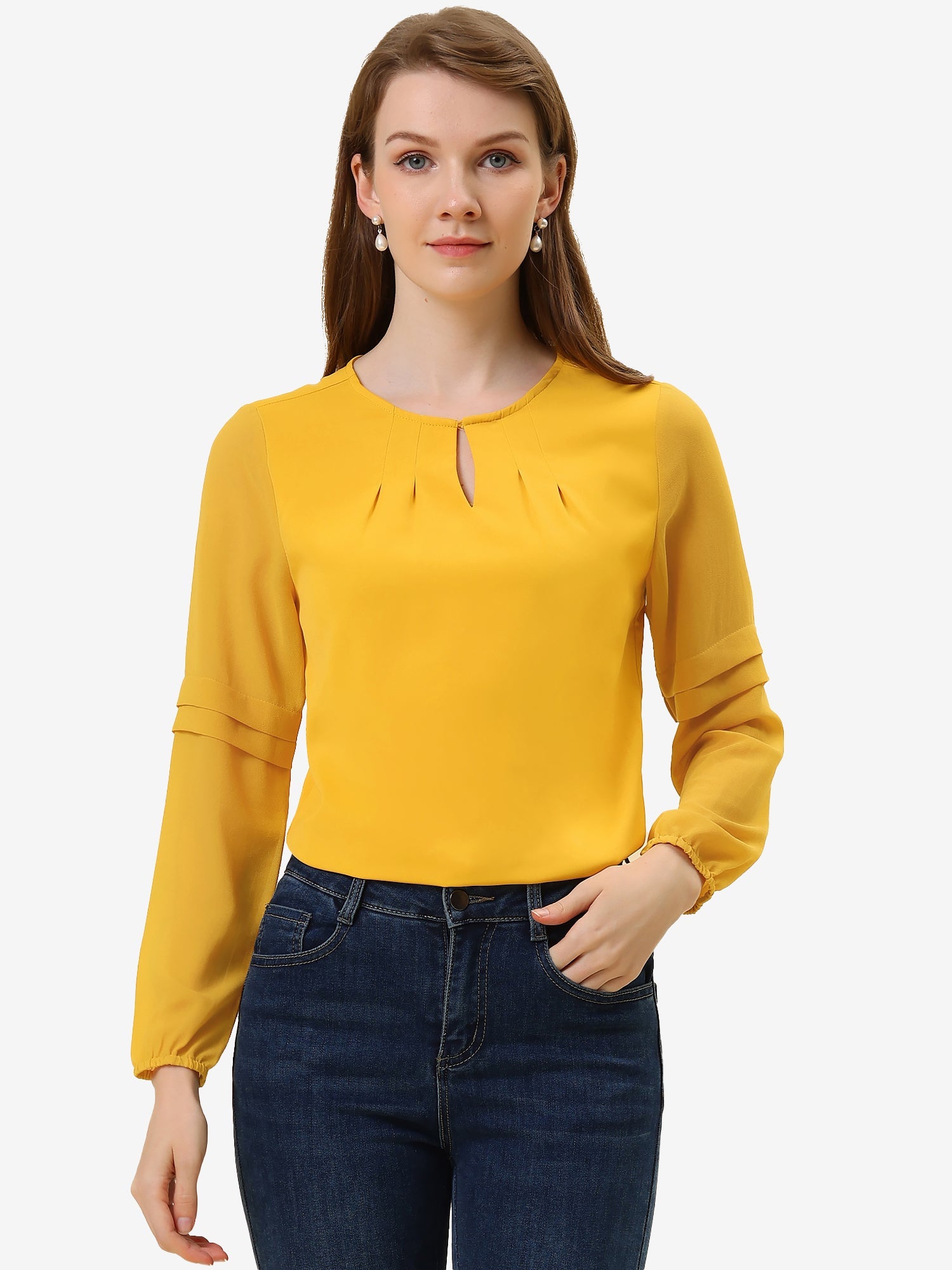 Chiffon Shirt Semi Sheer Keyhole Neck Elegant Work Blouse