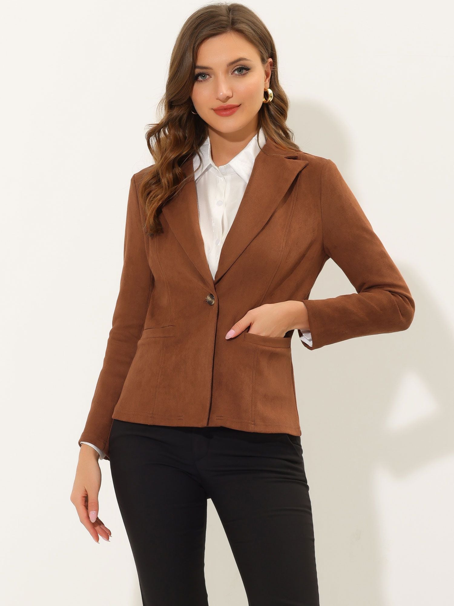 Faux Suede Lapel Collar Long Sleeve Casual Work Office Jacket
