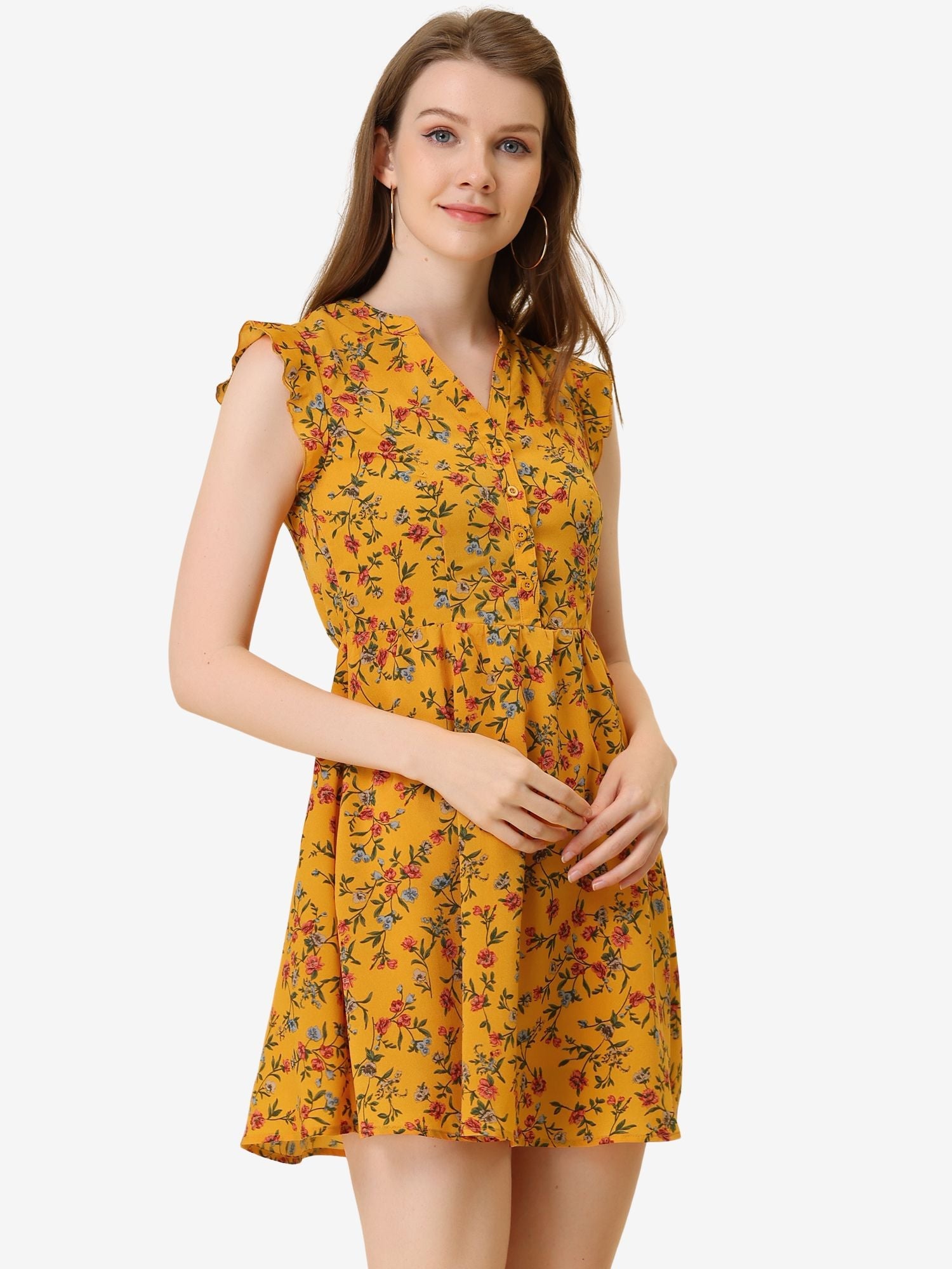 Flutter Sleeve Ruffle A-Line Flowy Chiffon Dress