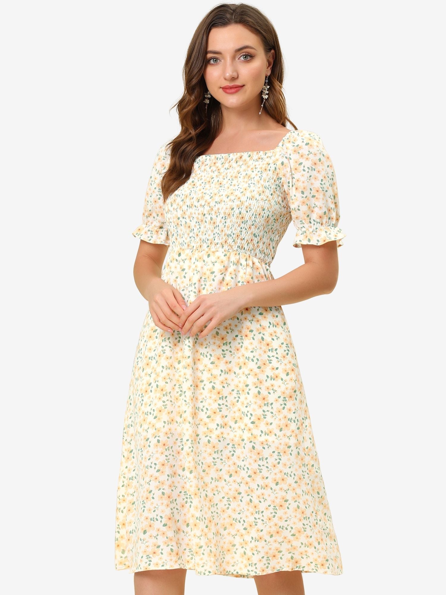 Square Neck Puff Sleeve Shirred Floral Casual Midi Dress