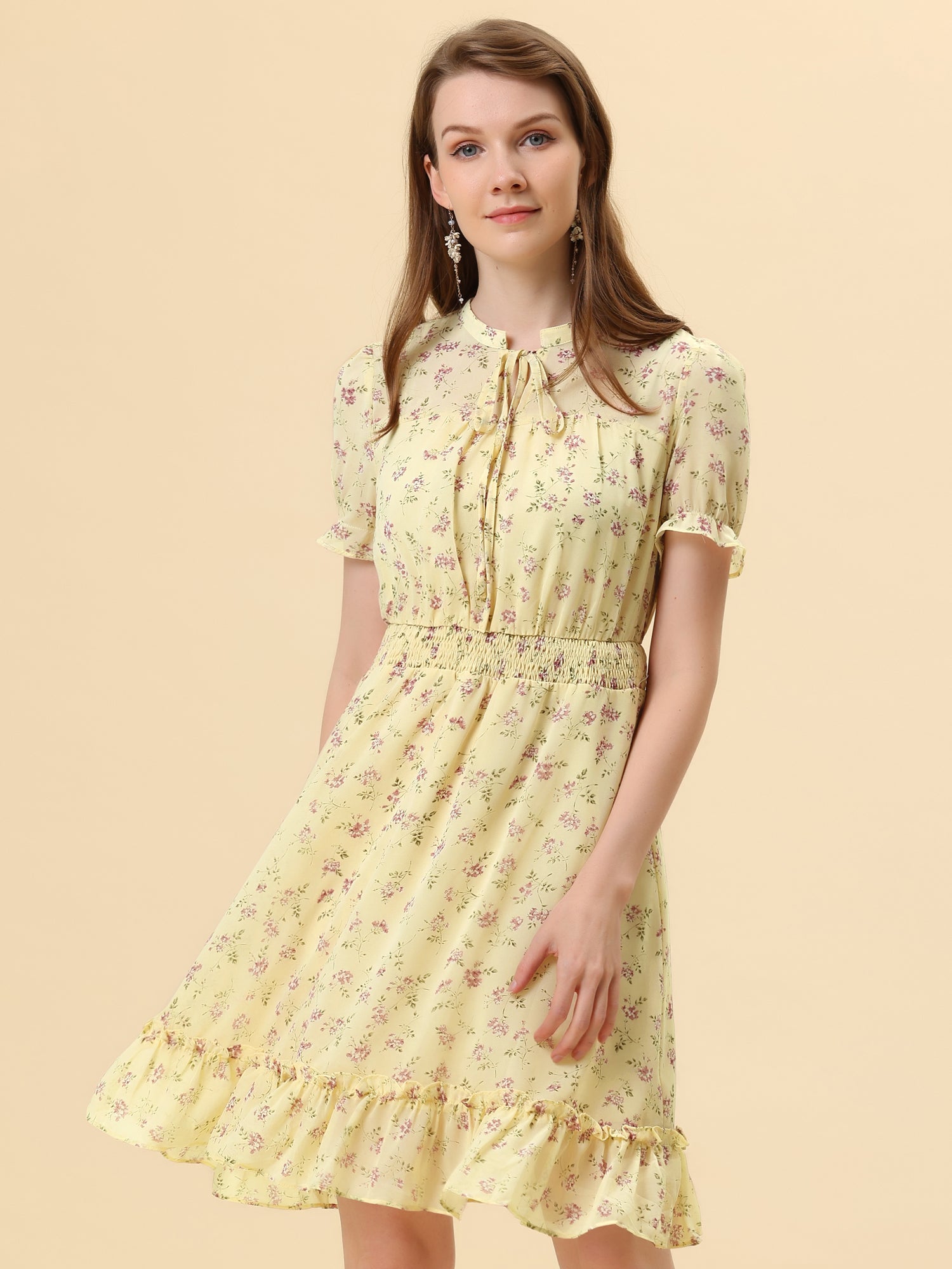 Floral Smocked Tie Neck Puff Sleeve Ruffle Chiffon Tiered Dress