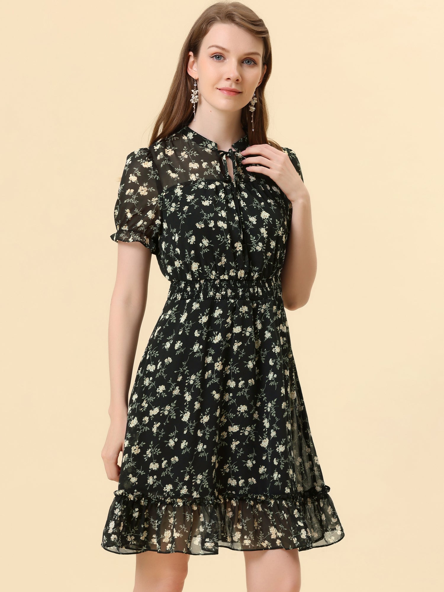 Floral Smocked Tie Neck Puff Sleeve Ruffle Chiffon Tiered Dress