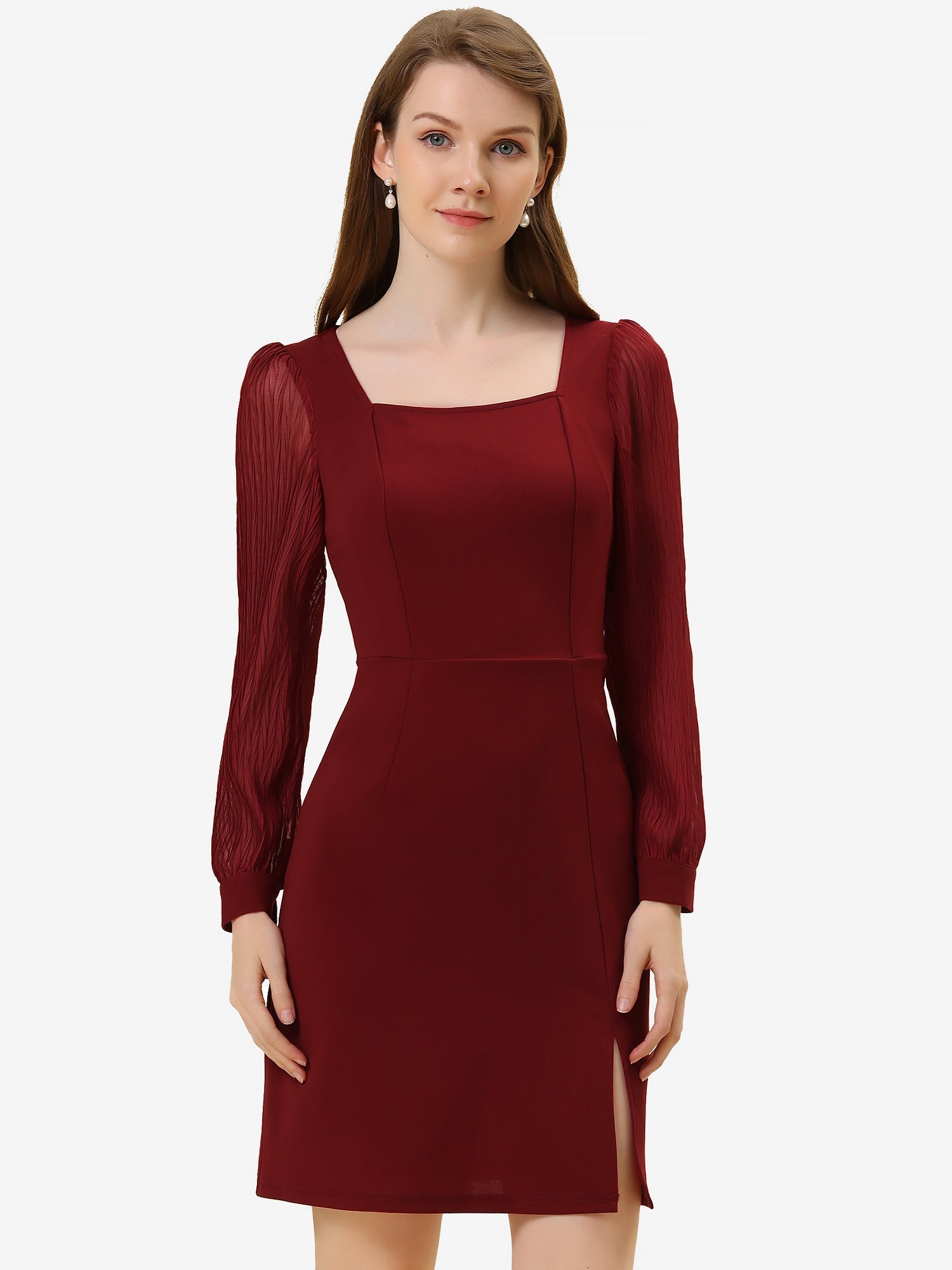 Elegant Mesh Sleeve Split Side A-Line Casual Square Neck Dress