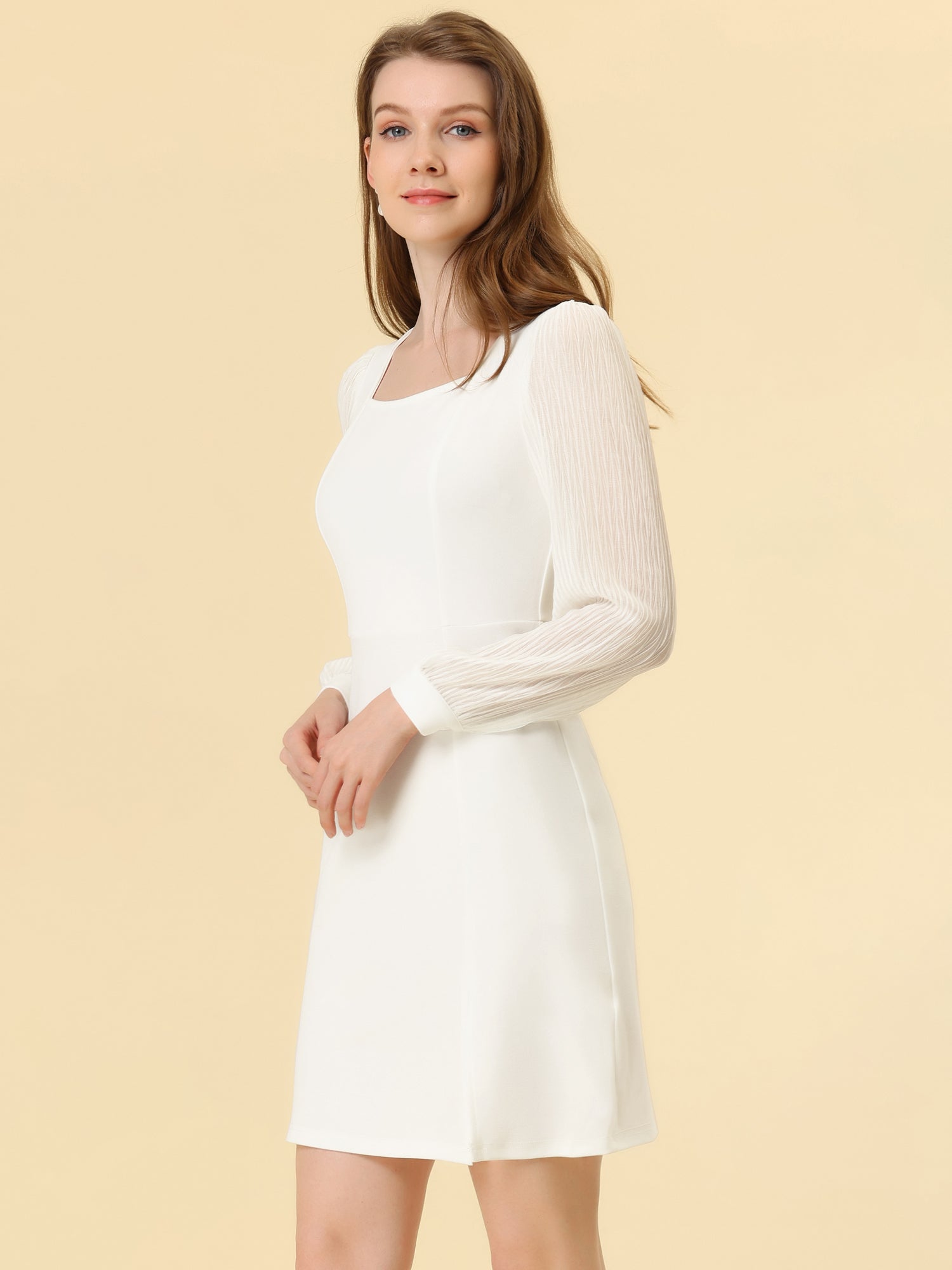 Elegant Mesh Sleeve Split Side A-Line Casual Square Neck Dress
