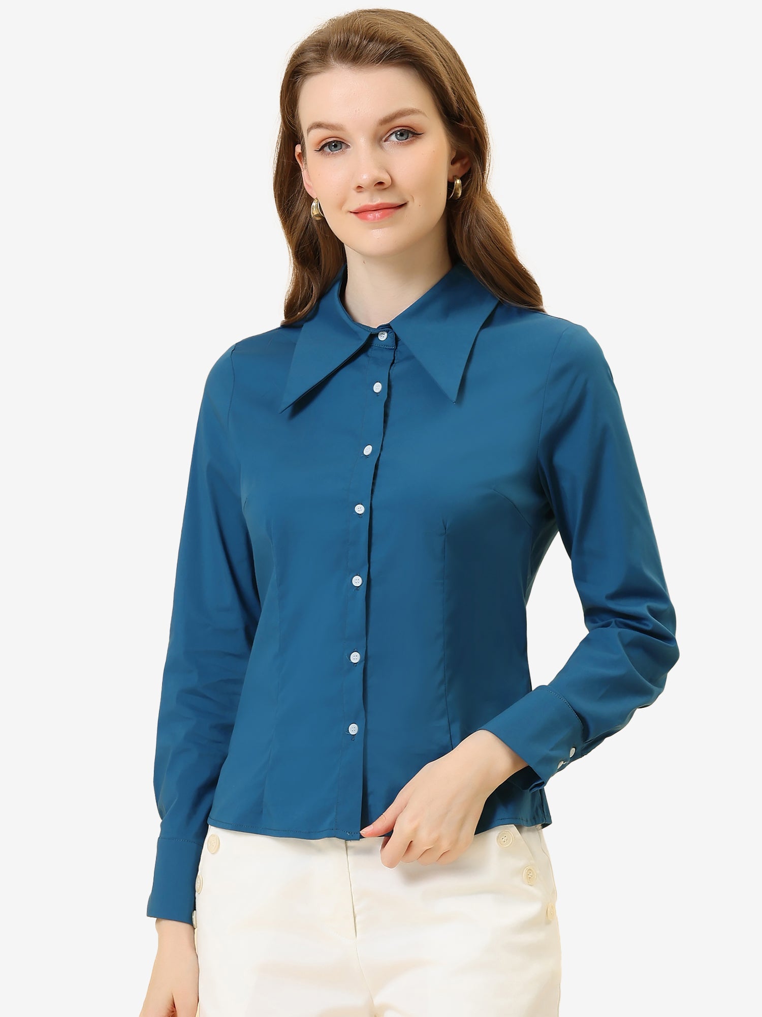 Work Office Button Down Shirt Point Collar Long Sleeve Top