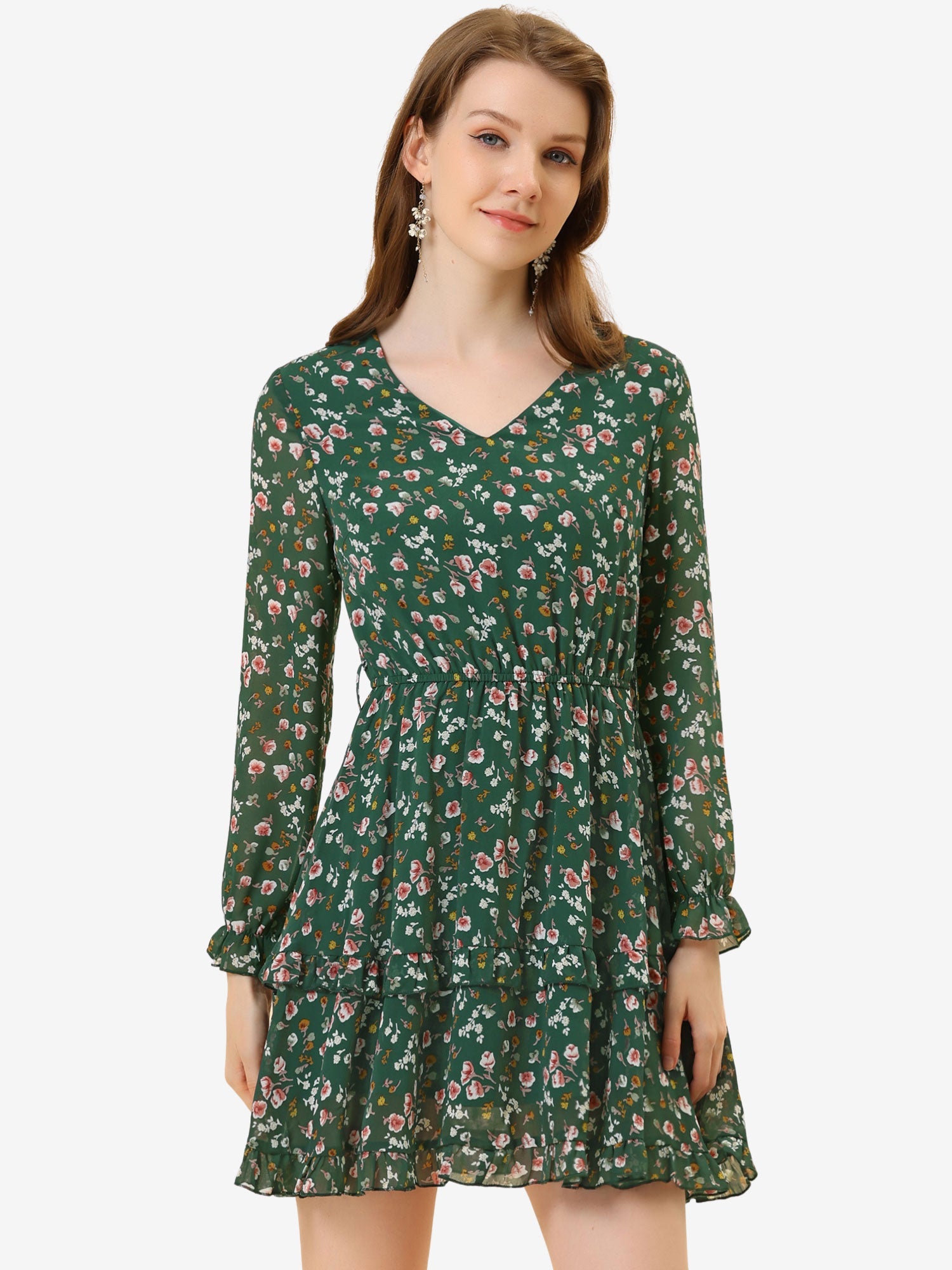 Long Sleeve V Neck Elastic Waist Ruffle Hem Chiffon Floral Dress