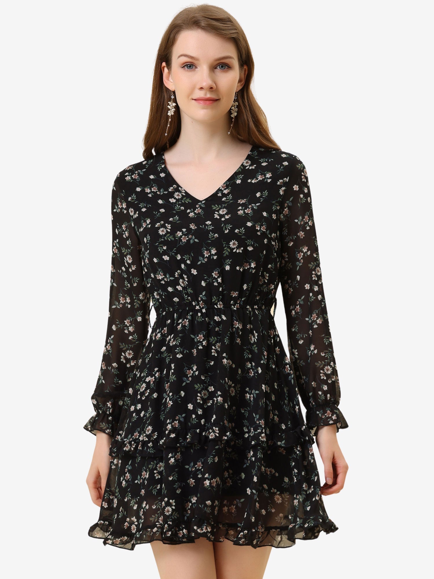 Long Sleeve V Neck Elastic Waist Ruffle Hem Chiffon Floral Dress