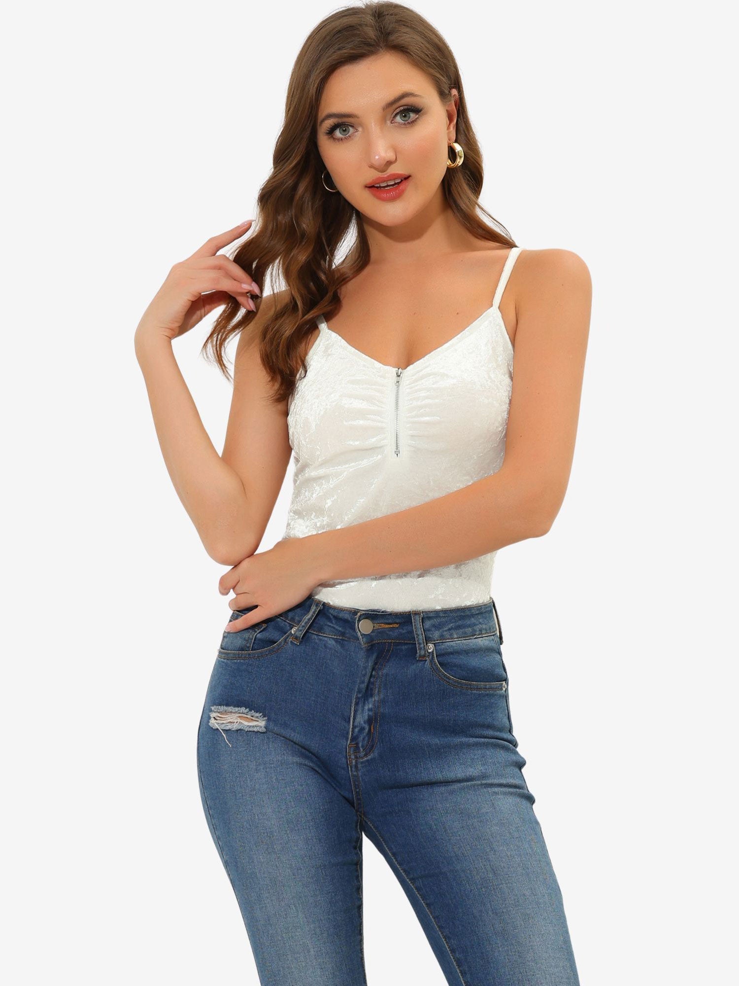Velvet Camisole Zip Up Spaghetti Strap Sleeveless Cami Tank Tops