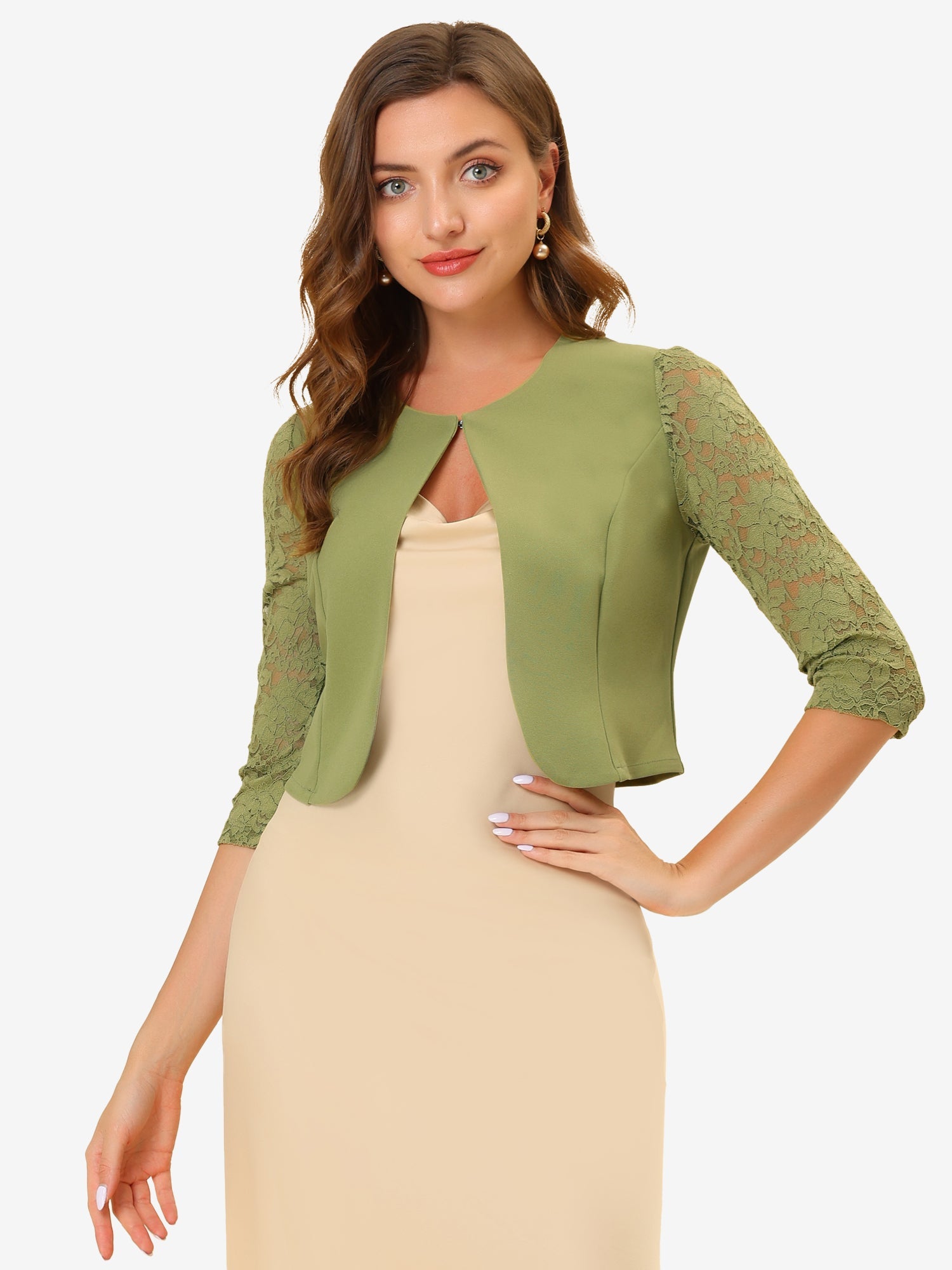 3/4 Sleeve Floral Lace Open Front Office Bolero Shrug