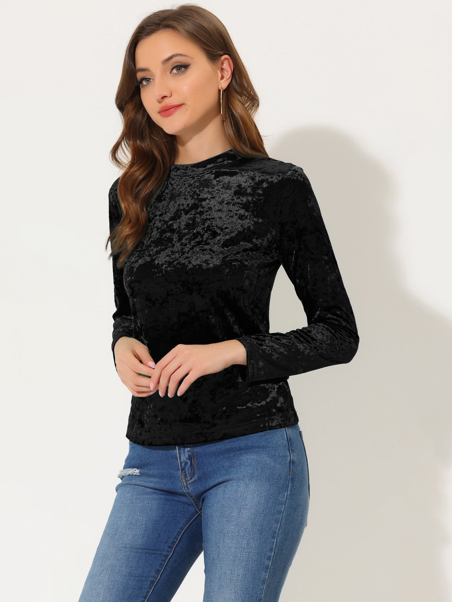 Casual Velvet Top Soft Vintage Crew Neck Long Sleeve T-Shirt