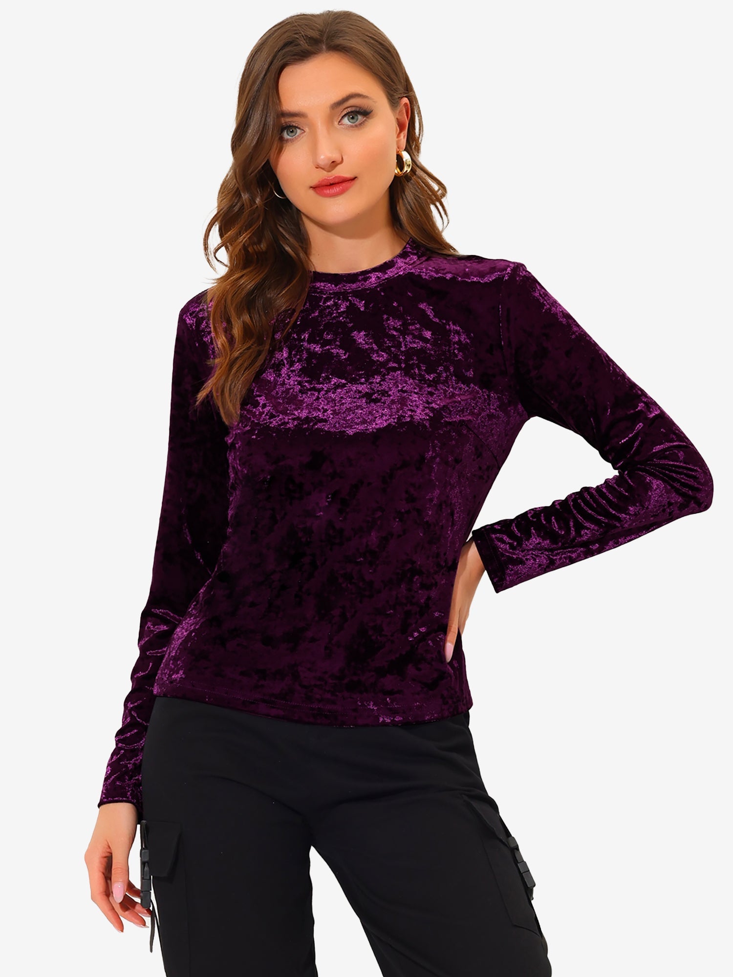 Casual Velvet Top Soft Vintage Crew Neck Long Sleeve T-Shirt