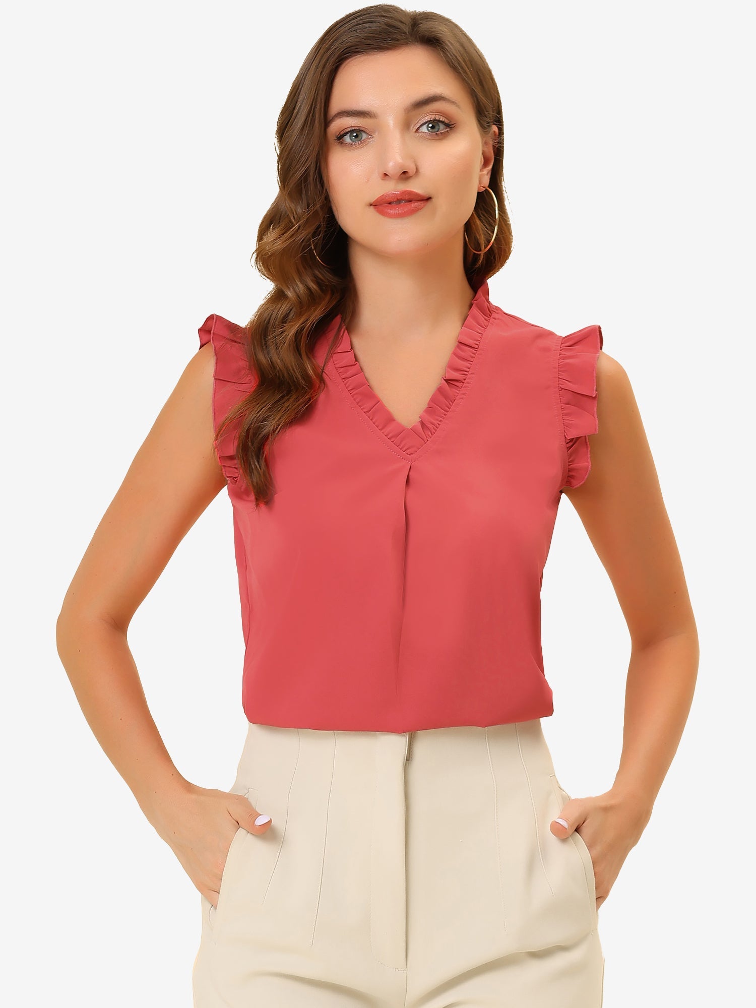 Ruffled Sleeveless Blouse 1950s Vintage Work Business Tops