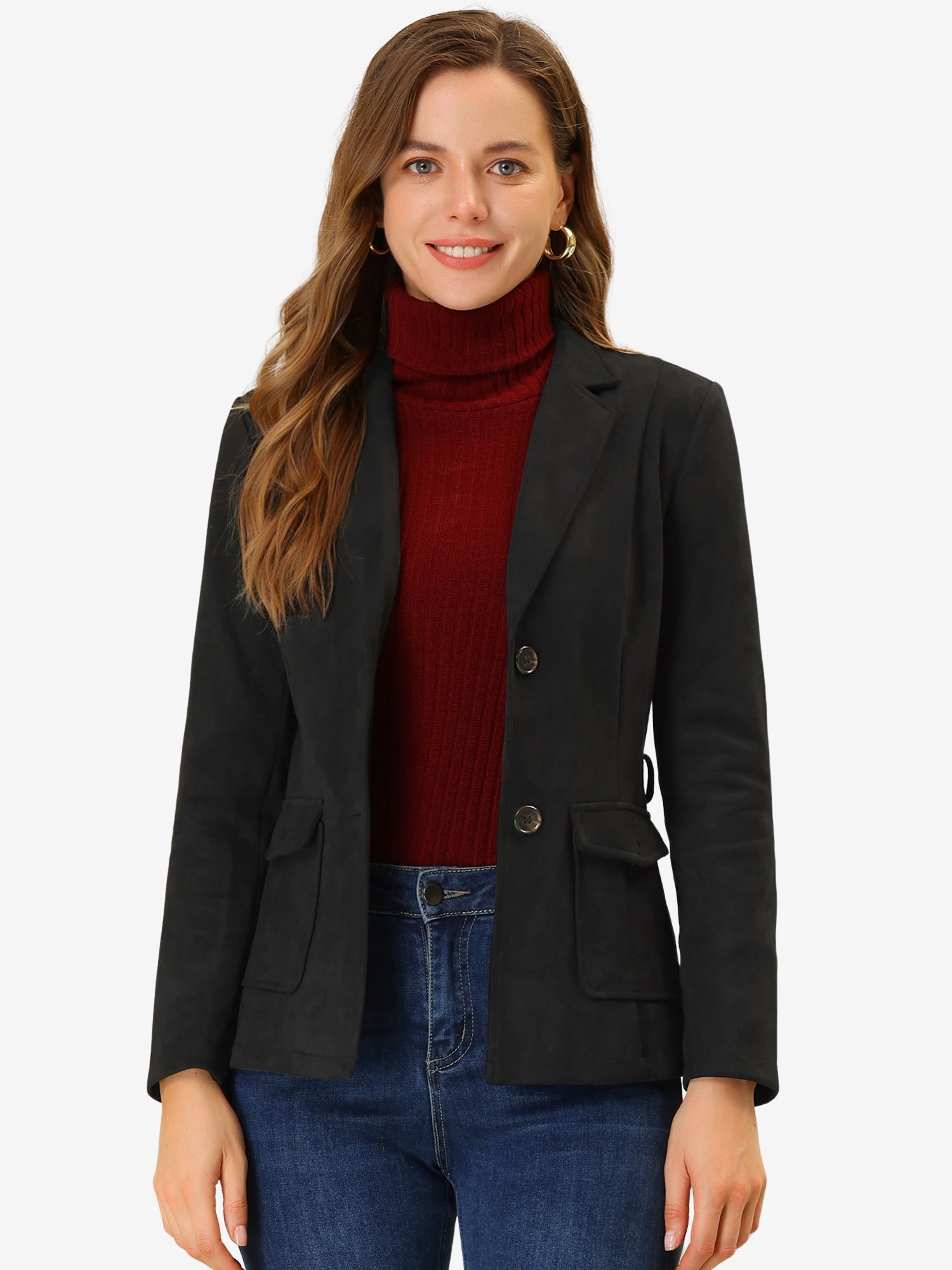 Faux Suede Blazer Belted Lapel Outwear Single Breasted Work Jacket