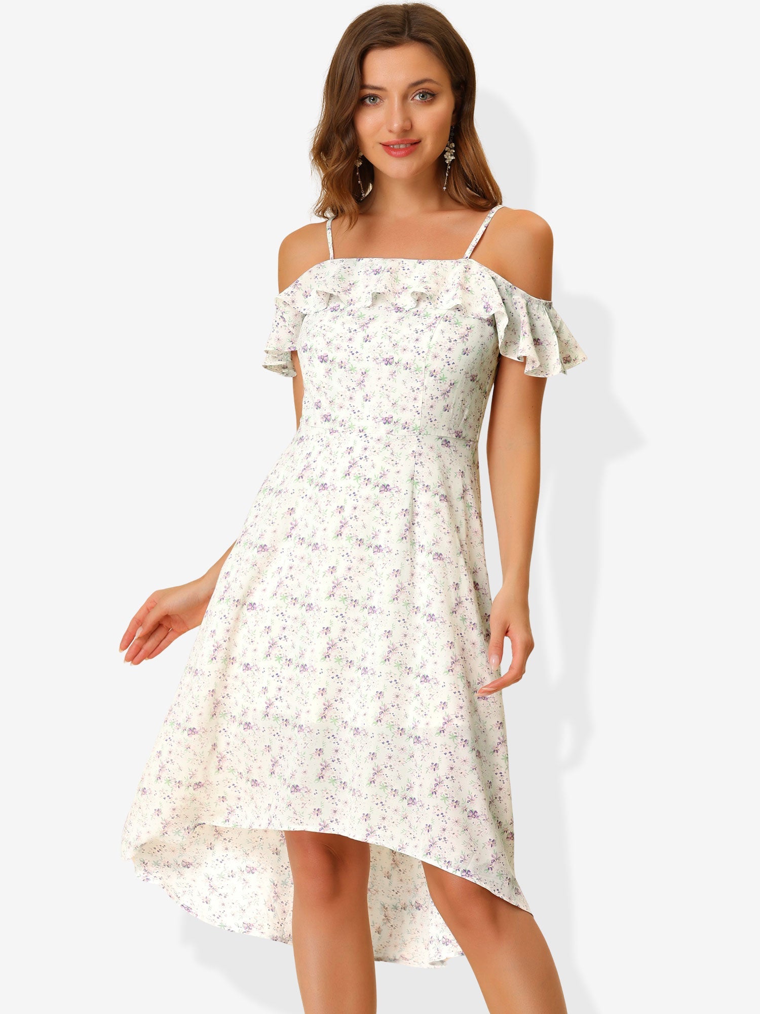Spaghetti Strap Asymmetrical High Low Floral A-Line Midi Dress
