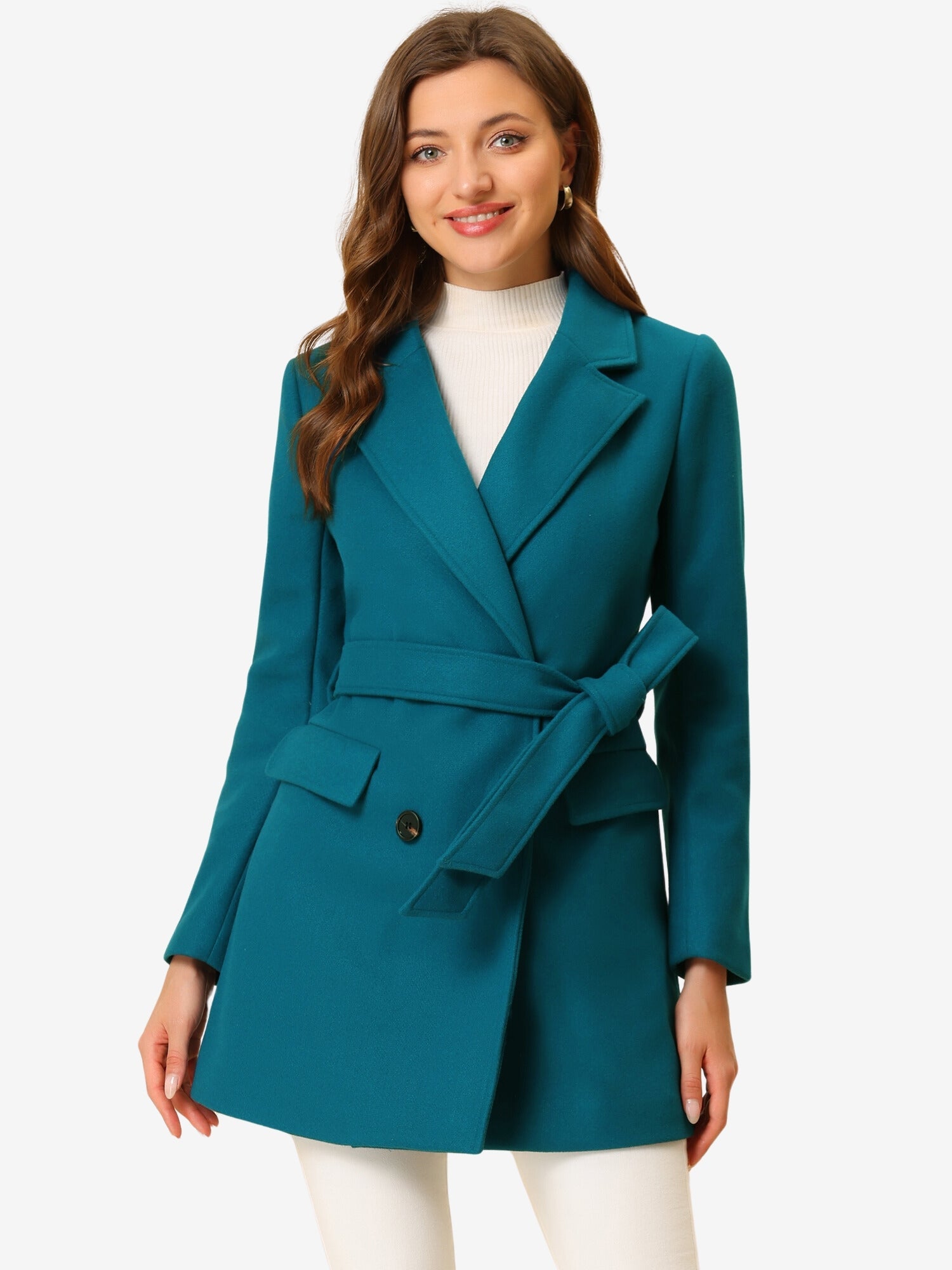 Notch Lapel Double Breasted Belted Mid Long Outwear Winter Coat