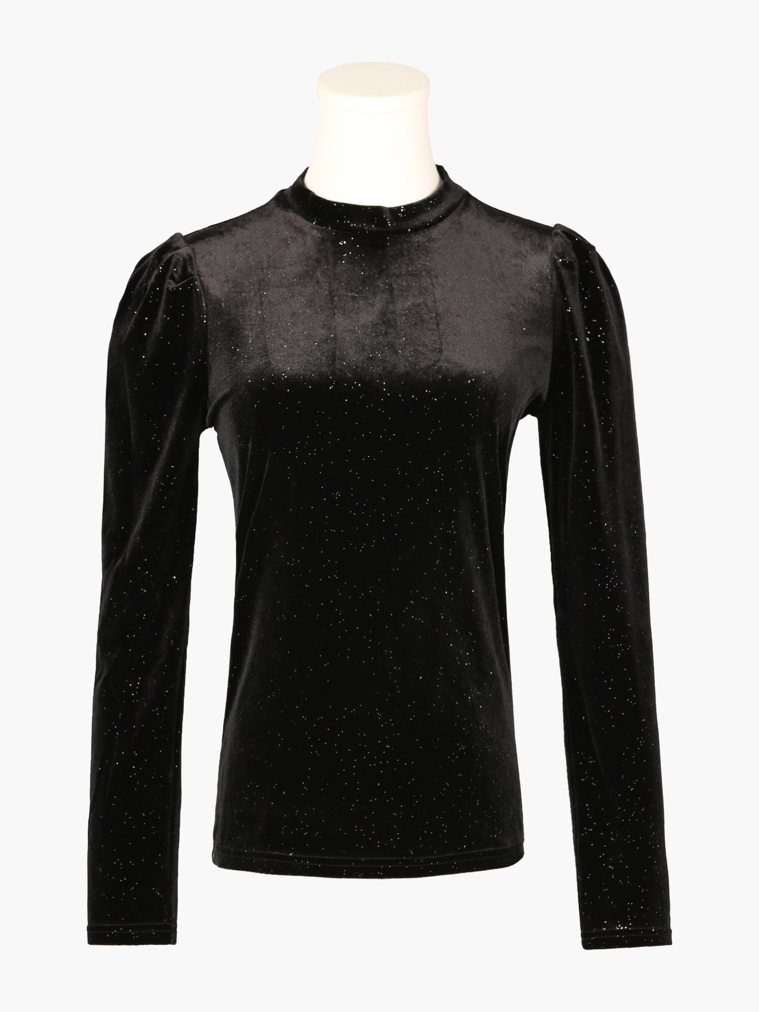Metallic Velvet Puff Long Sleeve Mock Neck Glitter T-shirt