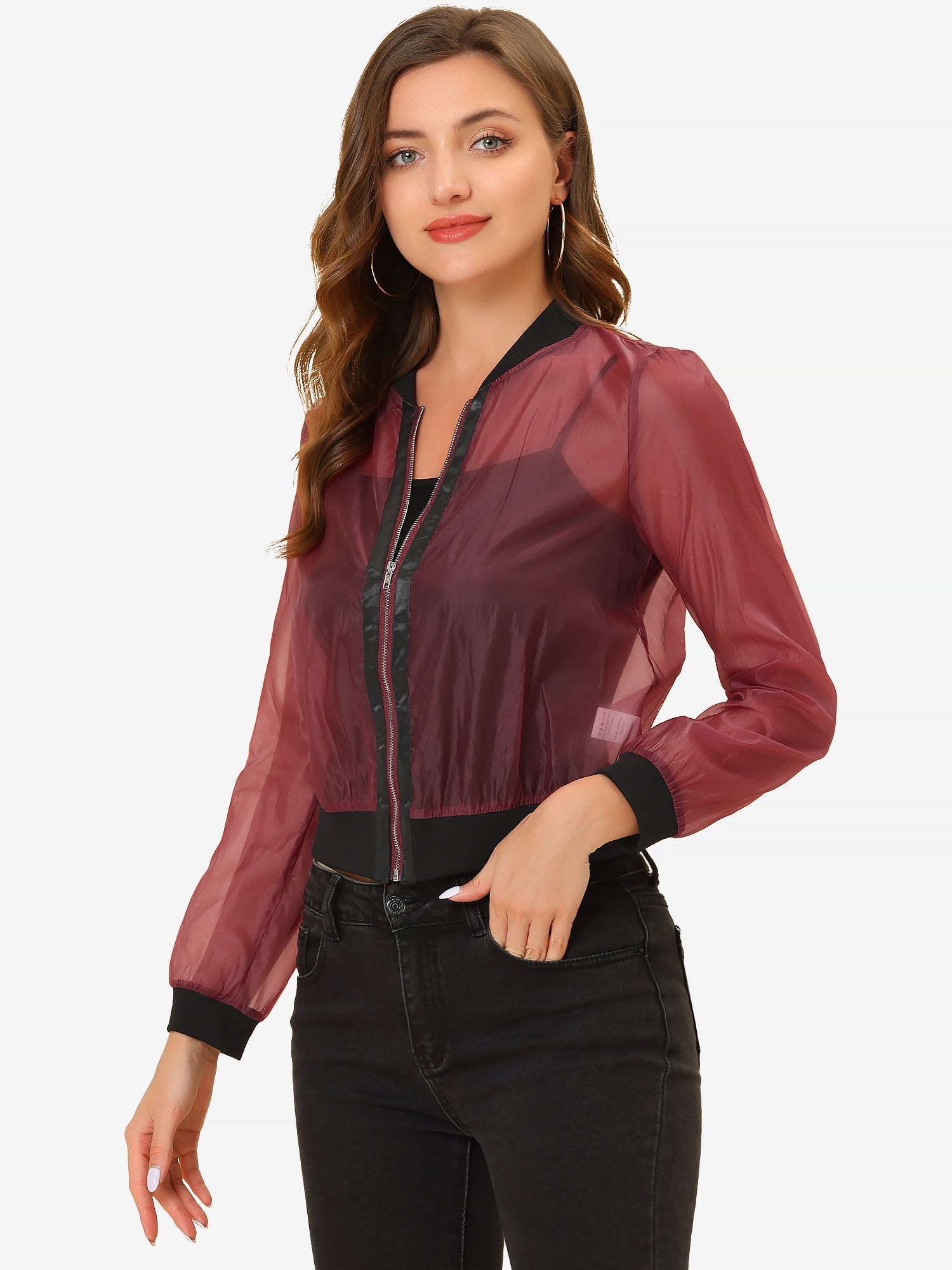 Zip Up See Through Lightweight Long Sleeve Mesh Bomber Jacket