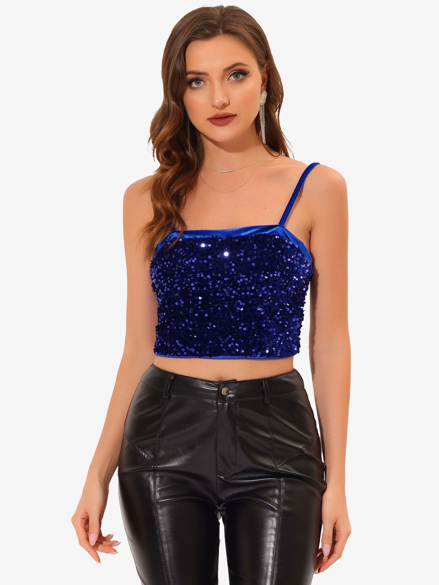 Sequined Velvet Spaghetti Strap Club Party Cropped Cami Top