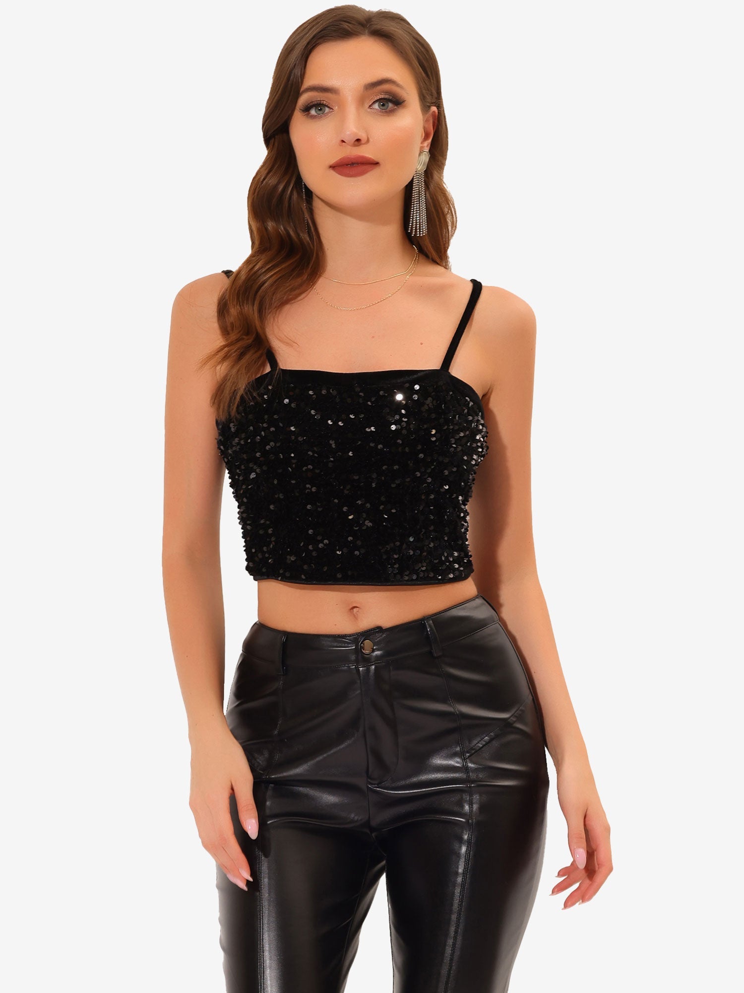 Sequined Velvet Spaghetti Strap Club Party Cropped Cami Top