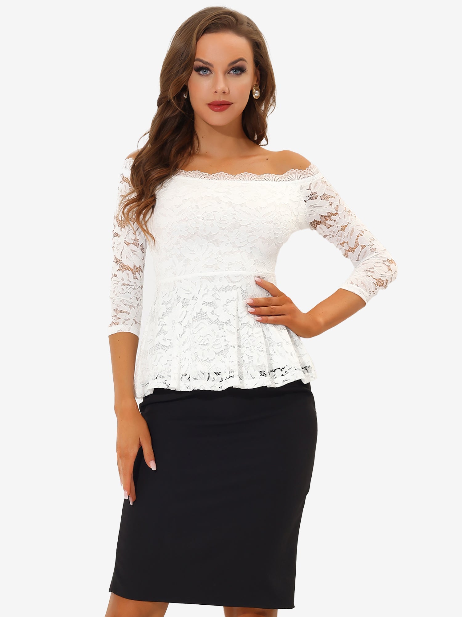 Elegant Lace Blouse Semi Sheer 3/4 Sleeve Off Shoulder Peplum Top