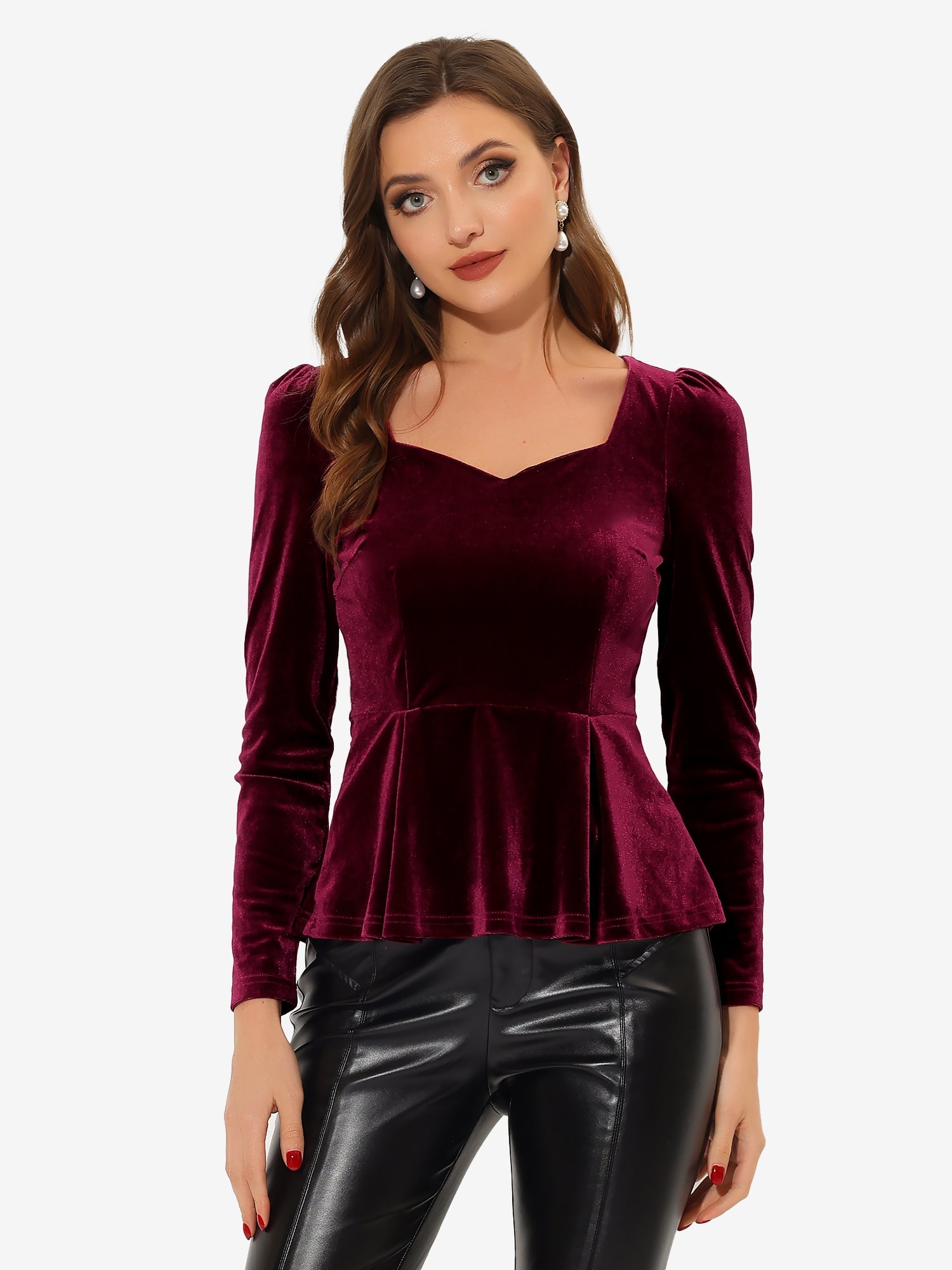 Velvet Blouse Elegant Sweetheart Neck Long Sleeve Peplum Top