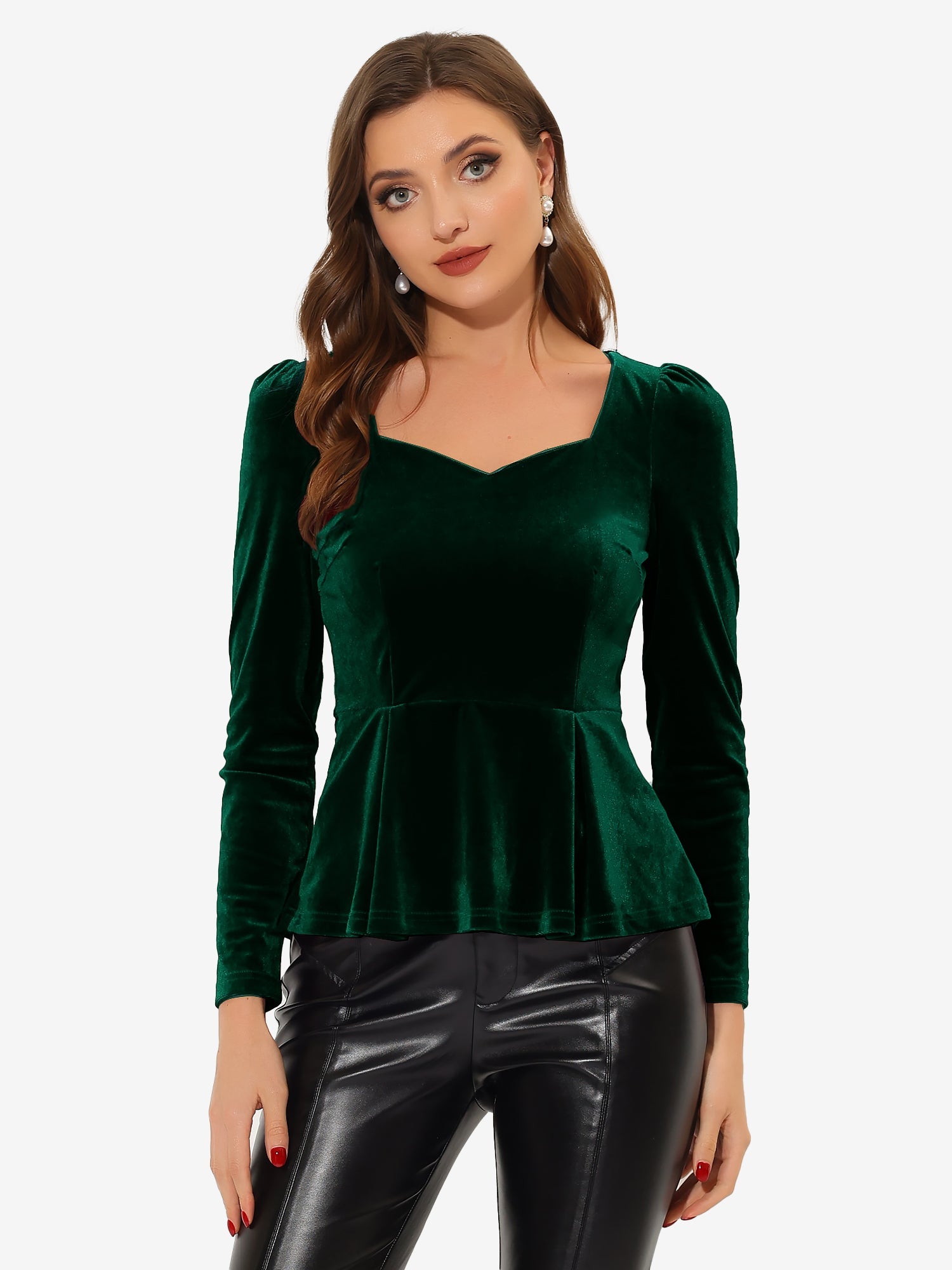 Velvet Blouse Elegant Sweetheart Neck Long Sleeve Peplum Top