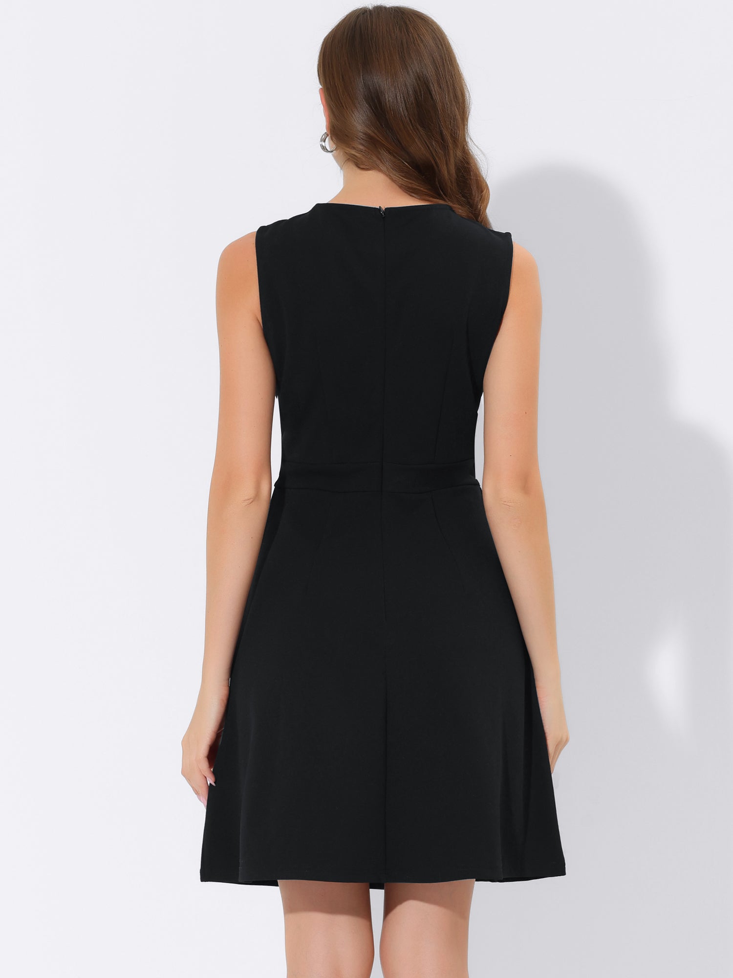 Round Neck Solid Color Sleeveless A-Line Work Midi Dress