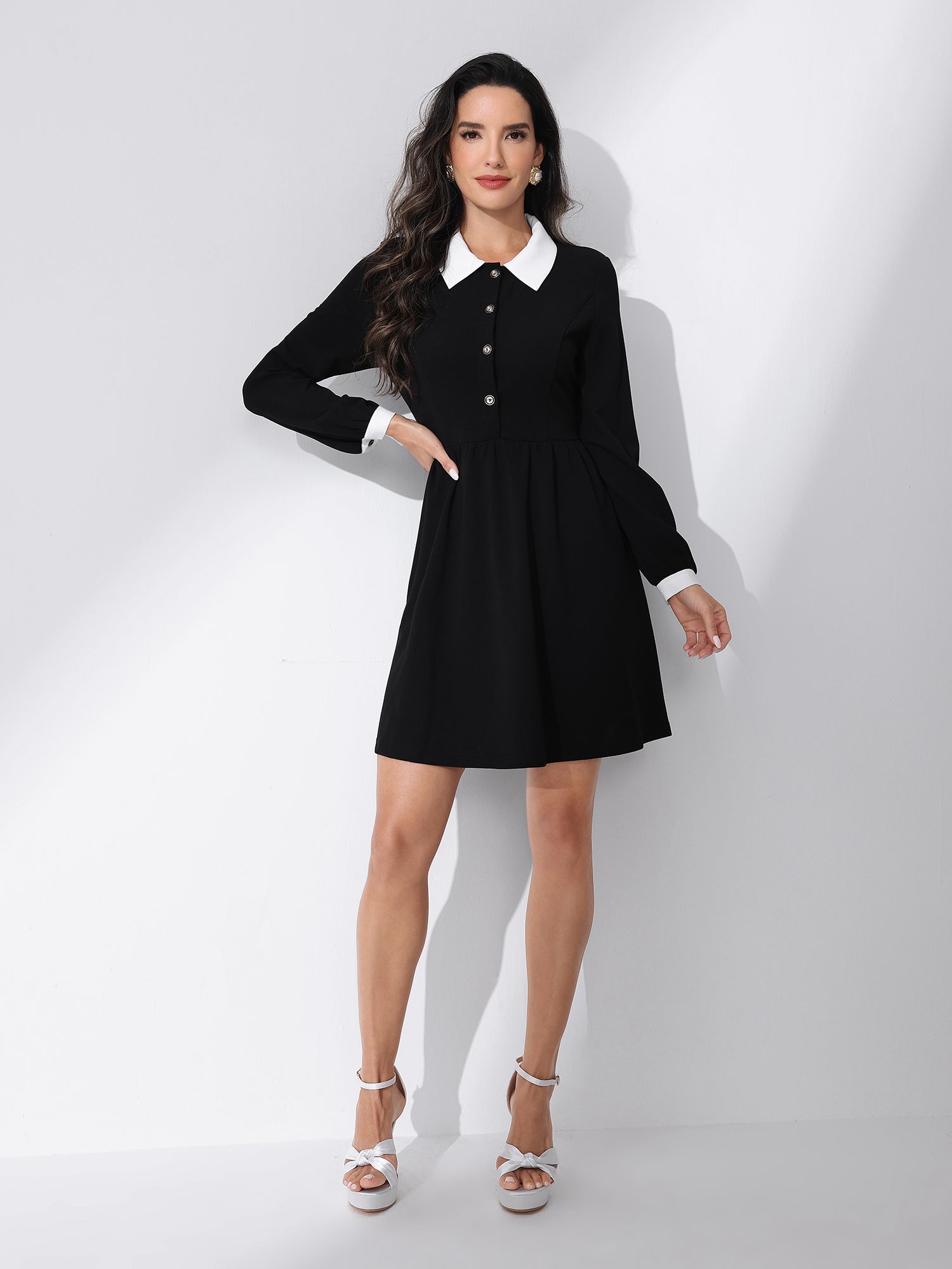 Contrast Color Puff Long Sleeve Collared Flare Short Dress