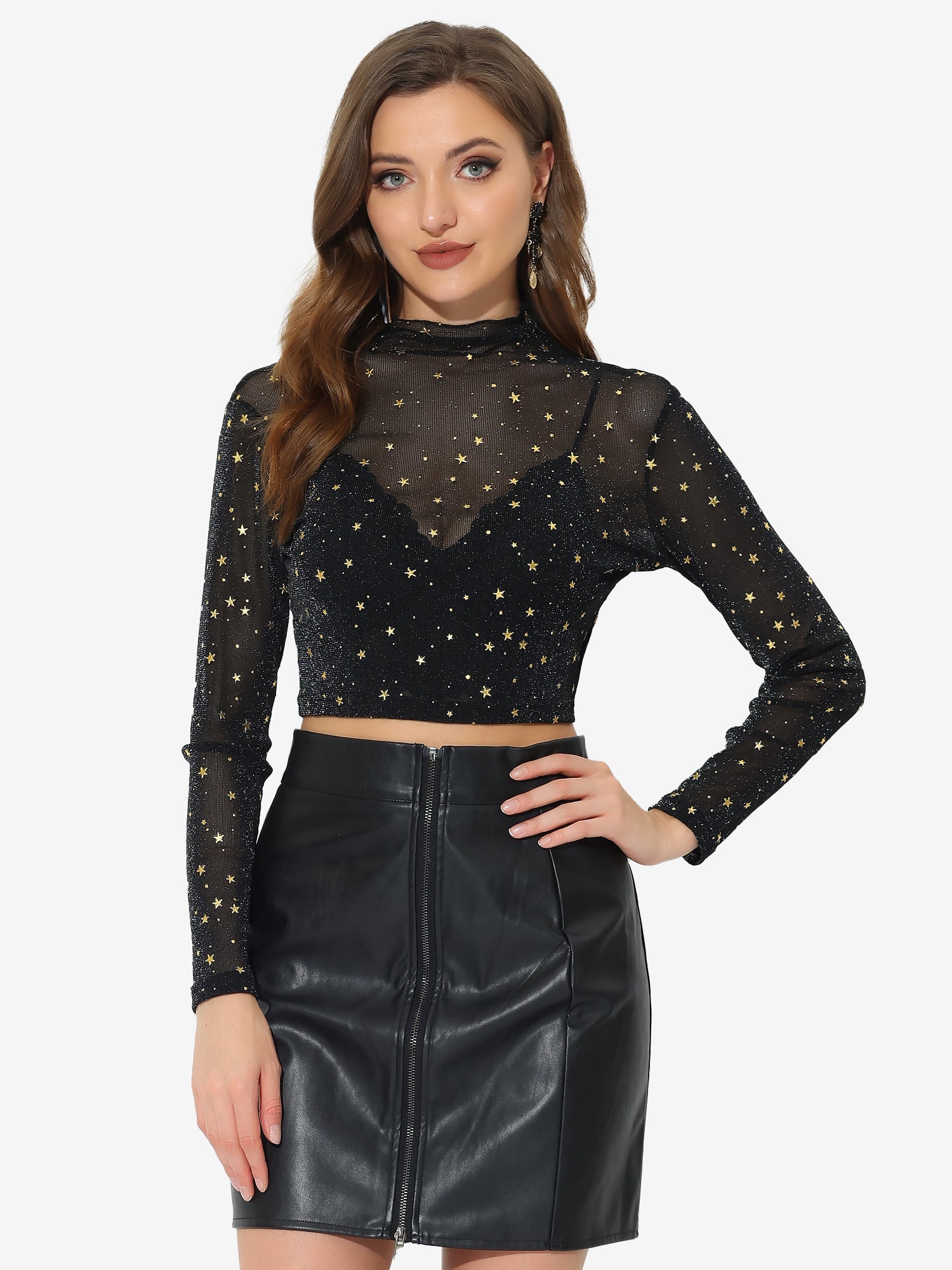 Mesh Crop Top Stars Mock Neck Party See Through Blouse