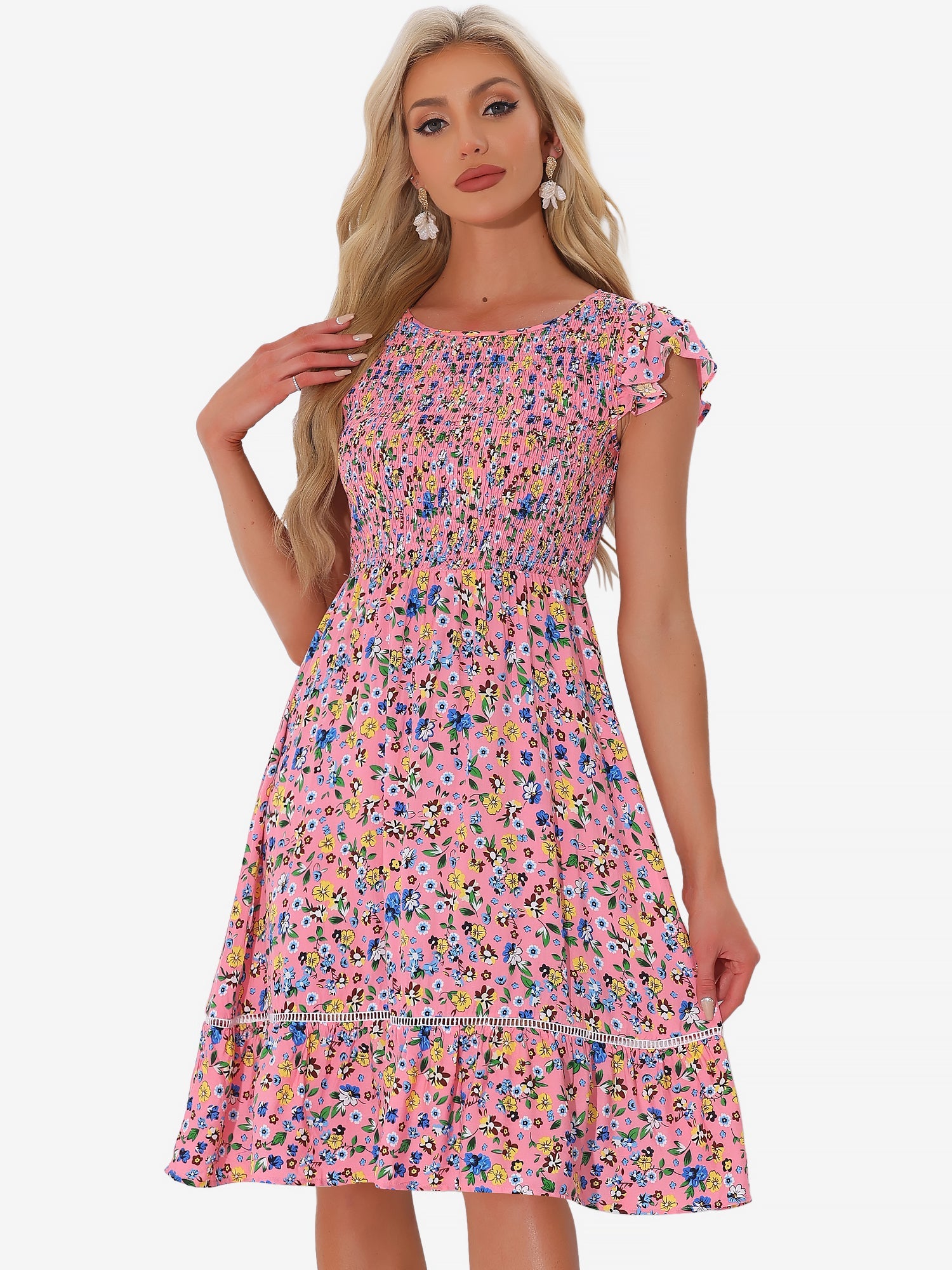 Midi Smocked Cap Short Sleeve Floral Fit and Flare Dress