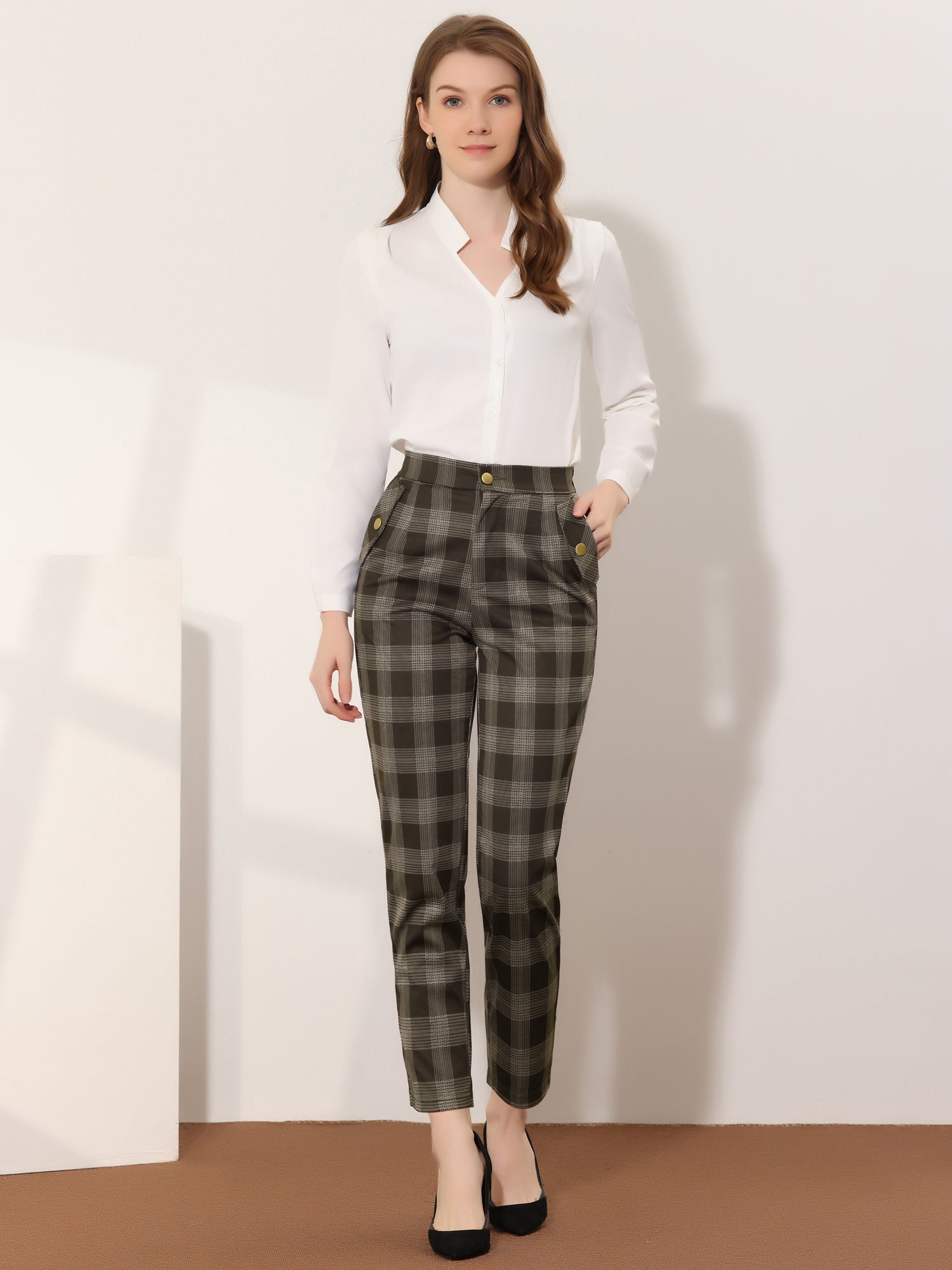 Vintage Tartan Plaid Pants Elastic Waist Straight Long Trousers