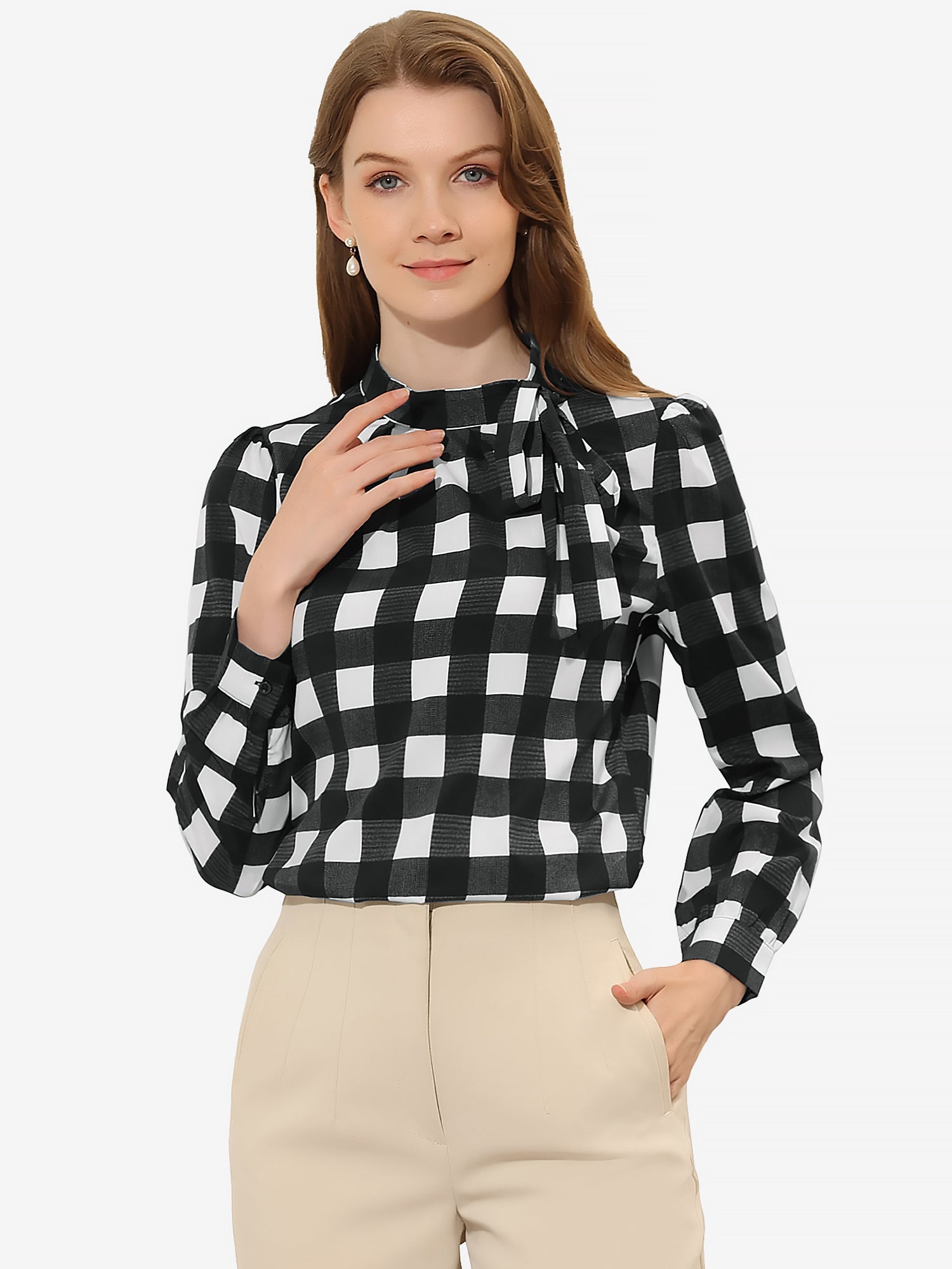 Bow Tie Neck Grid Checks Shirt Office Work Tops Blouse