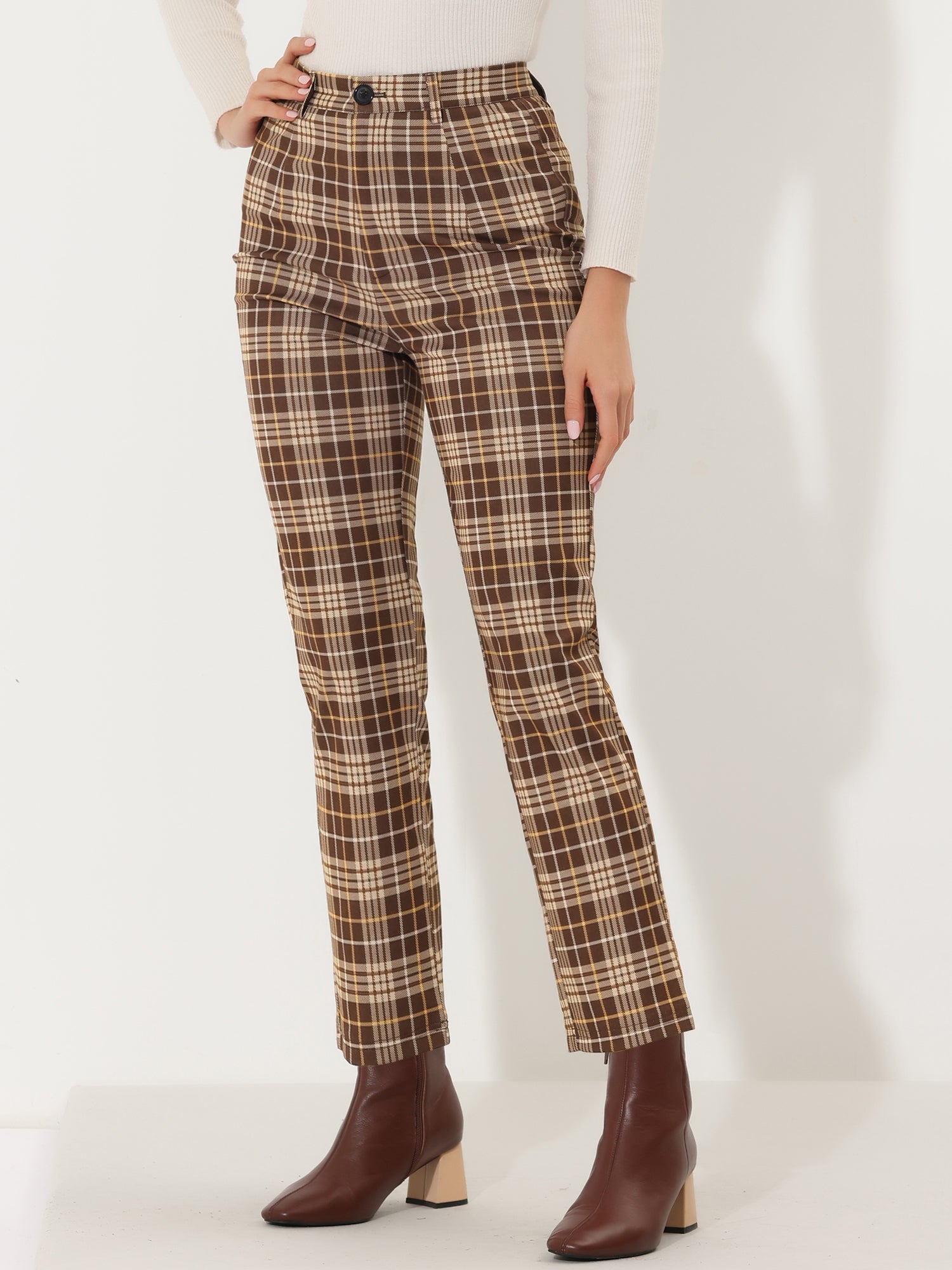 Plaid Cropped Trousers Button Casual Tartan Check Work Pants