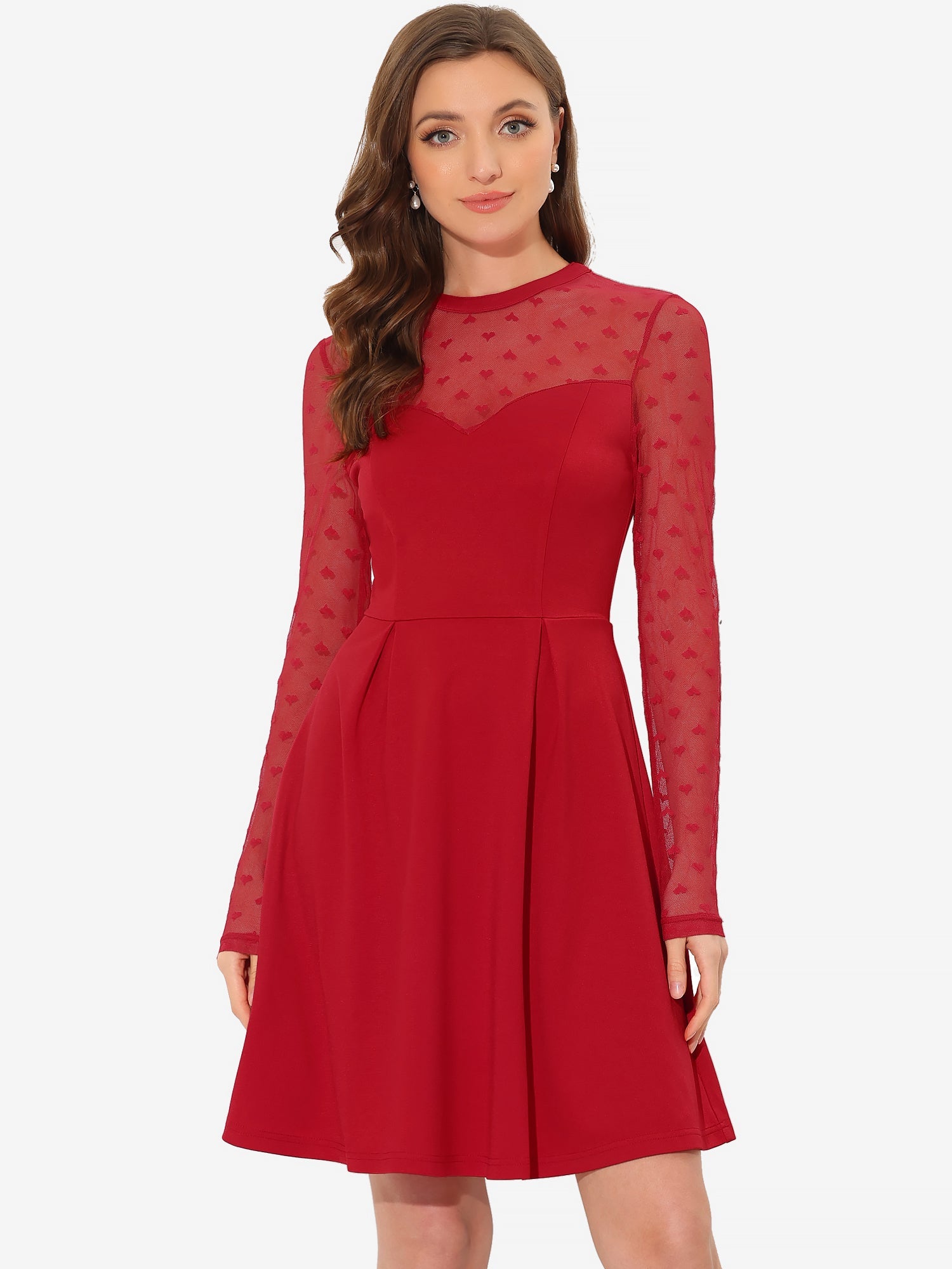 Party Heart Mesh Sheer Sleeve Crew Neck Skater Short Dress