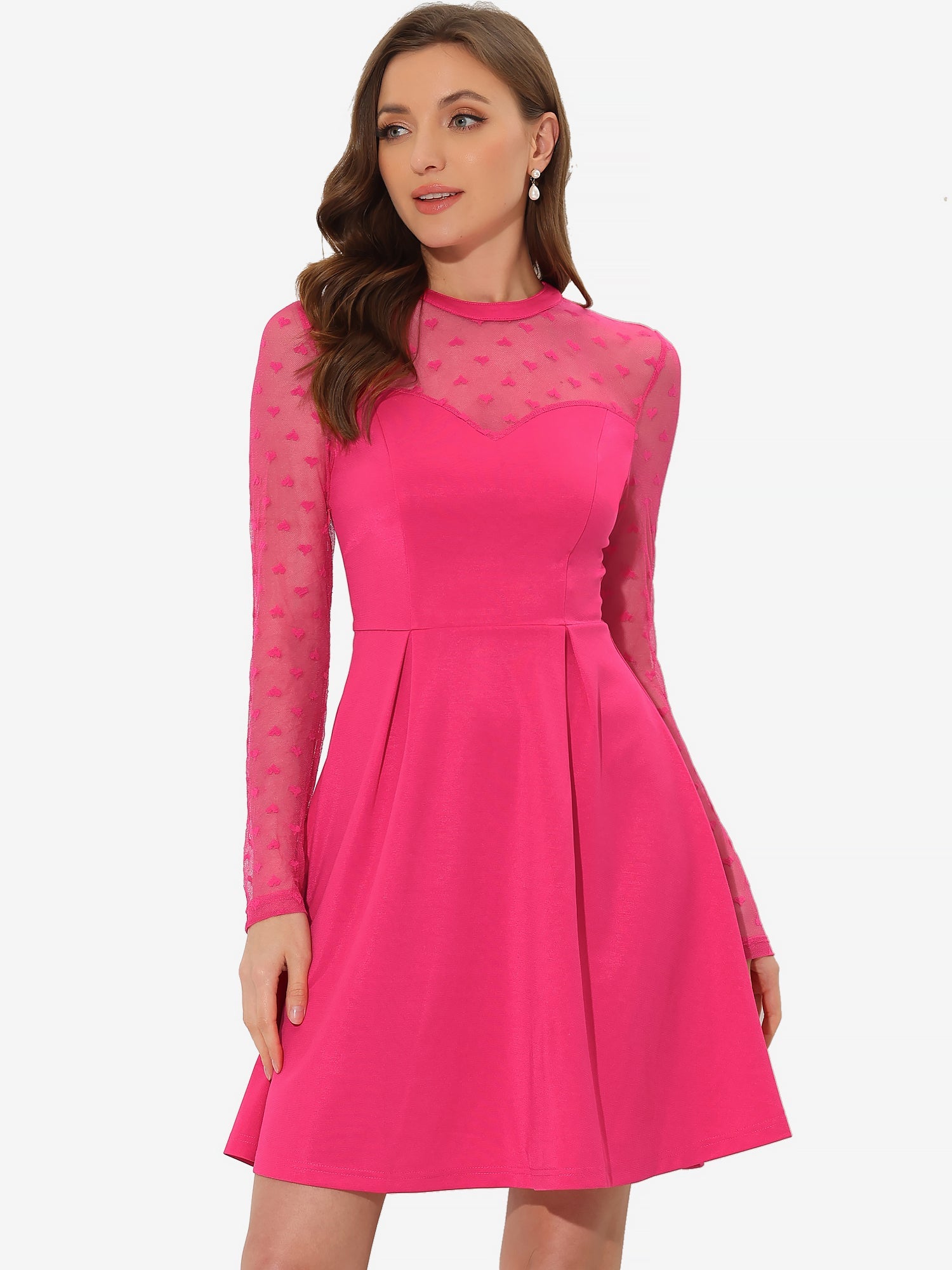 Party Heart Mesh Sheer Sleeve Crew Neck Skater Short Dress