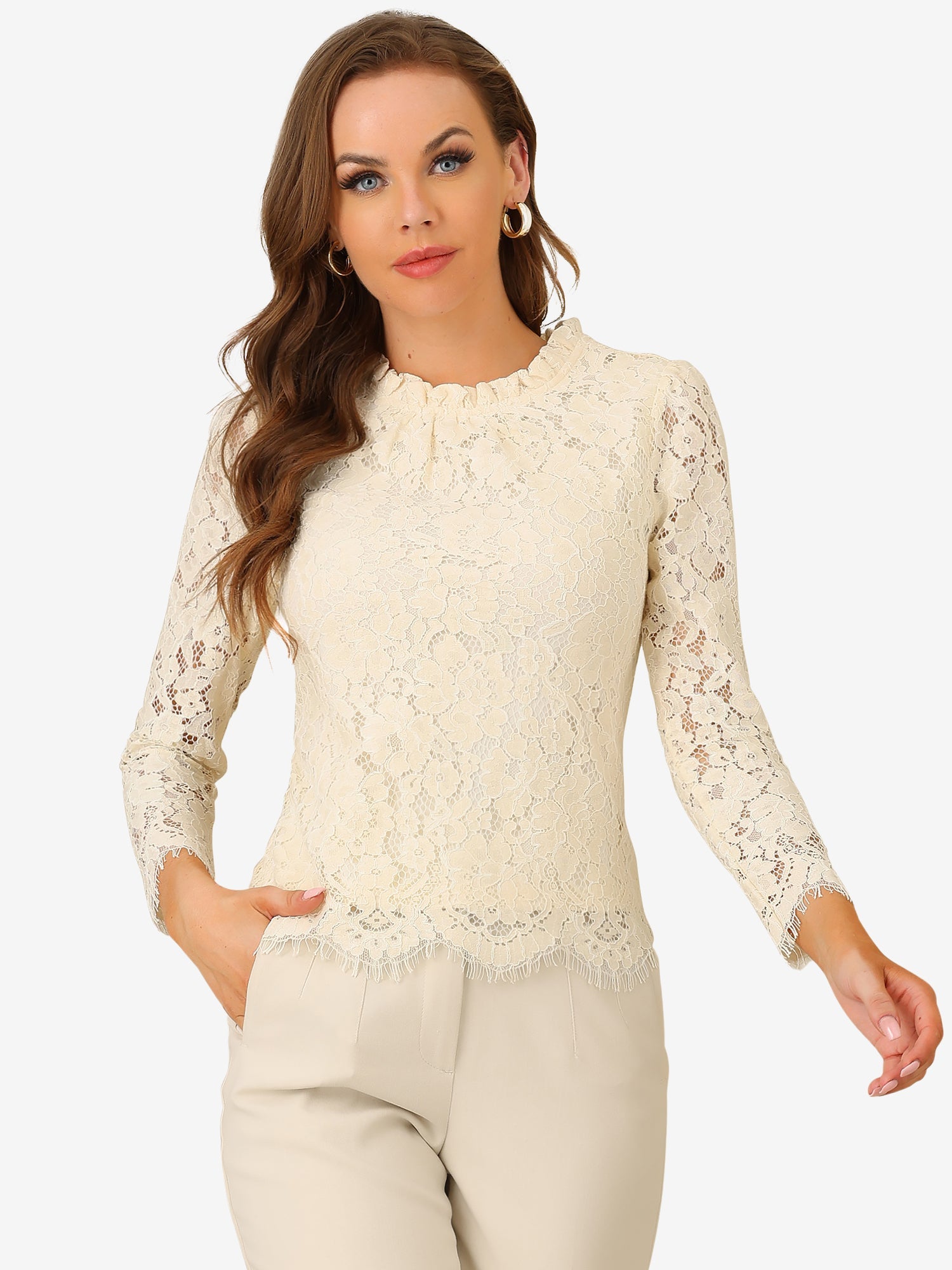 Lace Long Sleeve Ruffle Stand Neck Floral Blouse