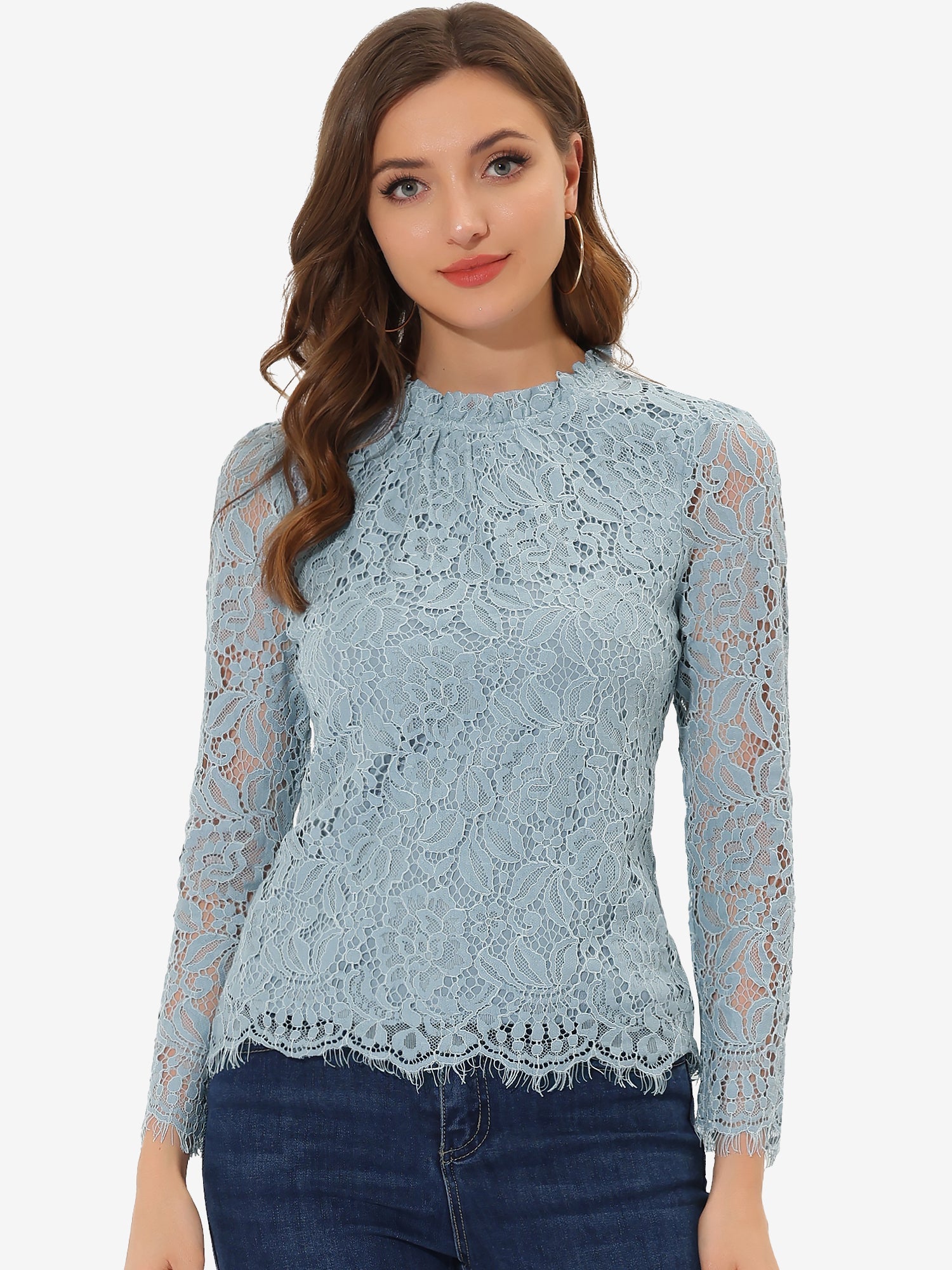 Lace Long Sleeve Ruffle Stand Neck Floral Blouse